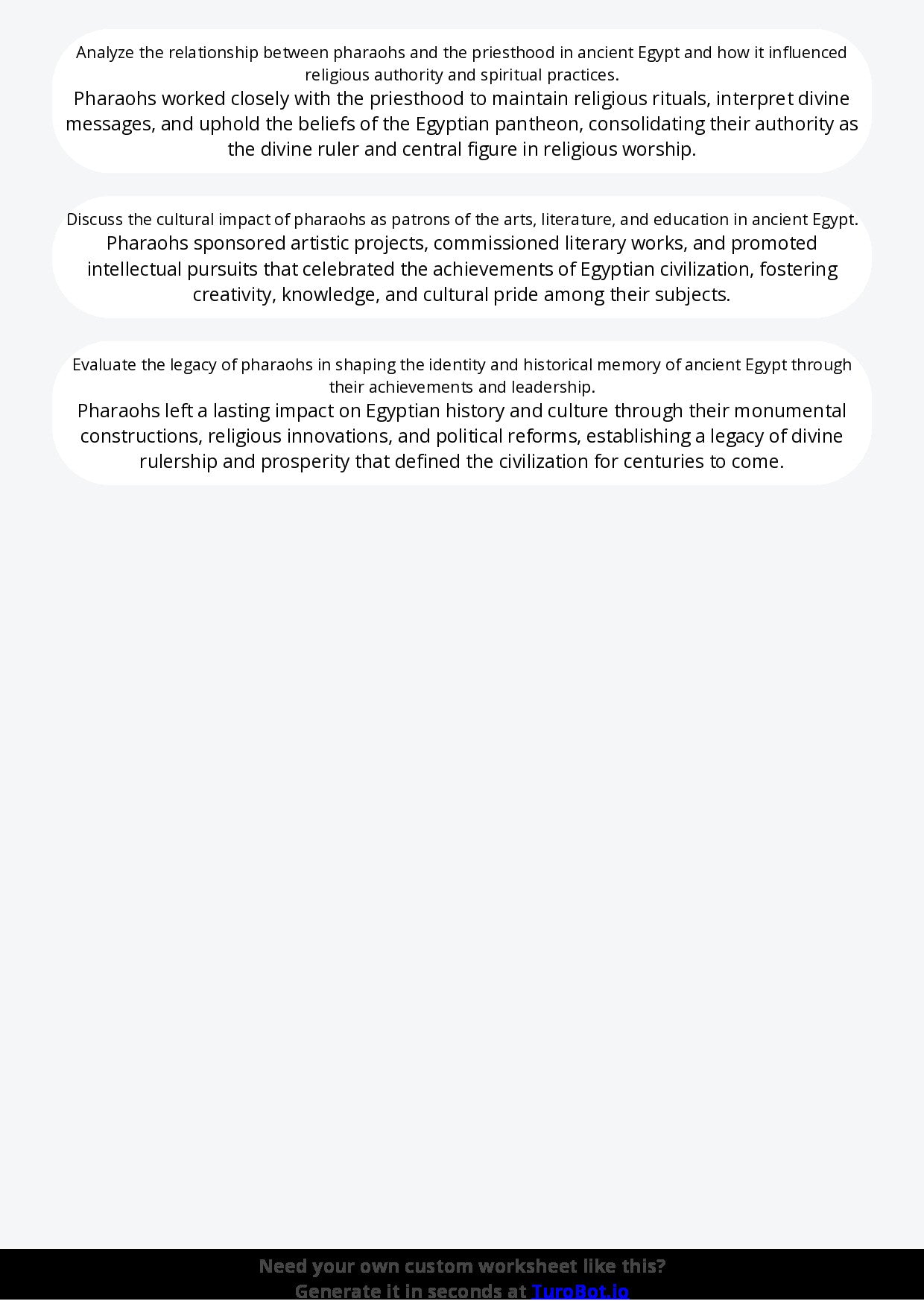 Free Worksheet - Year 9 Ancient History The Role of Pharaohs in Ancient Egypt Short Answer Response