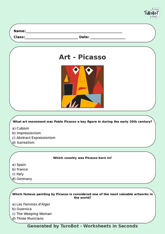 Art - Worksheet: Pablo Picasso Quiz & Activities