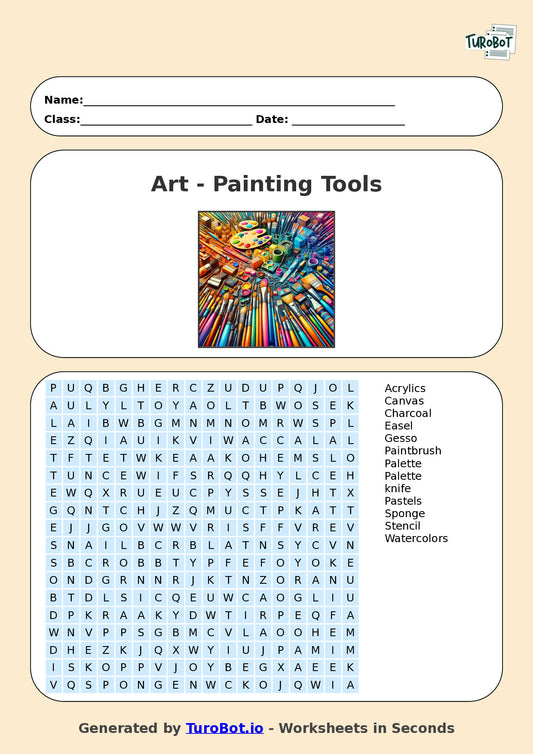 Art - Year 4 - Find a Word - Painting Tools – Free Find a Word Worksheet