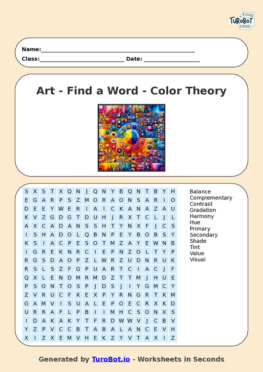 Art - Year 5 - Find a Word - Color Theory – Free Find a Word Worksheet
