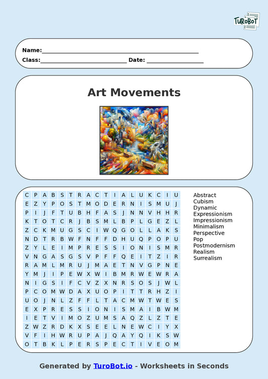 Art - Year 6 - Find a Word - Art Movements – Free Find a Word Worksheet
