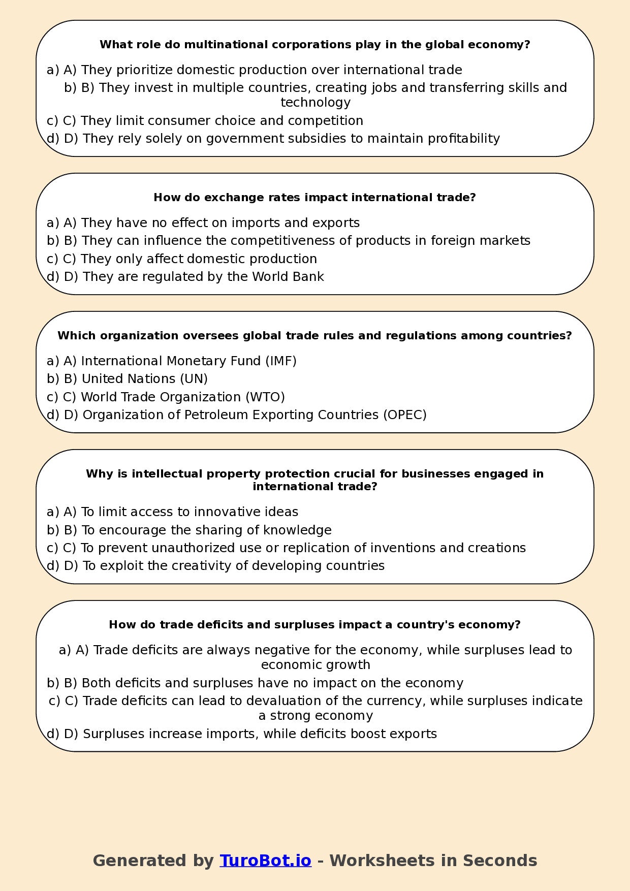 Year 10 Business Multiple Choice Worksheet – Global Trade Basics