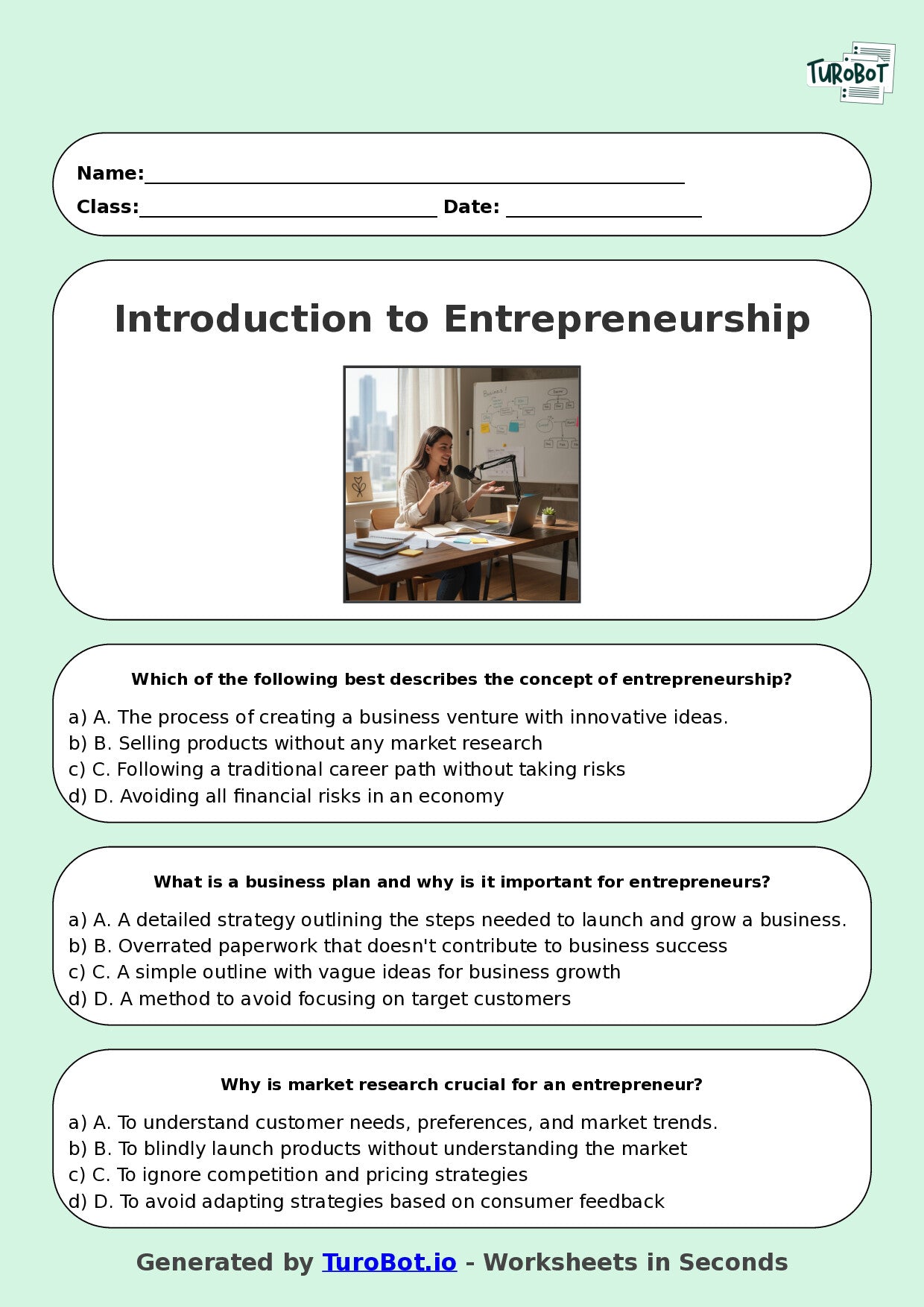 Year 10 Business Multiple Choice Worksheet – Introduction to Entrepreneurship