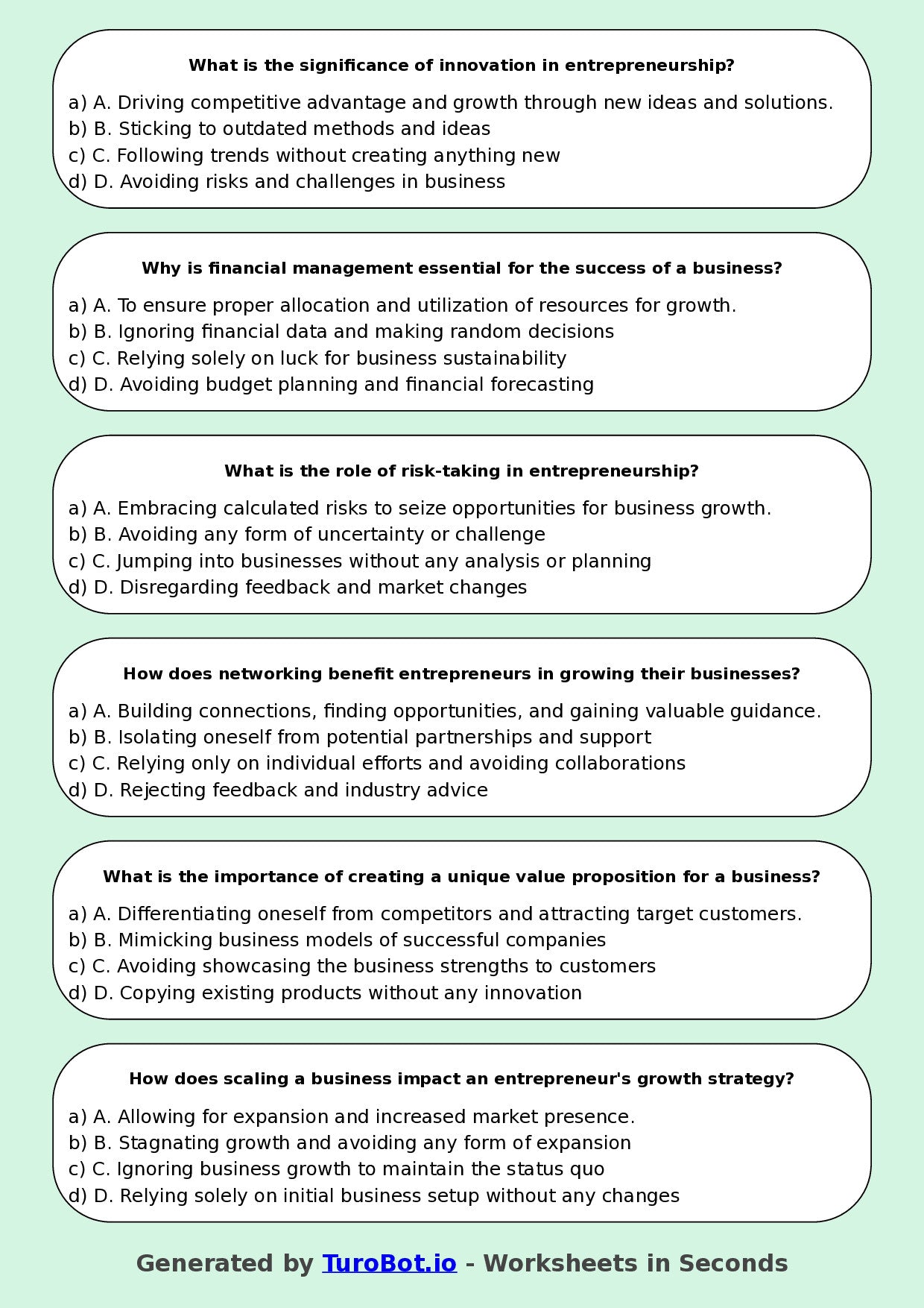 Year 10 Business Multiple Choice Worksheet – Introduction to Entrepreneurship