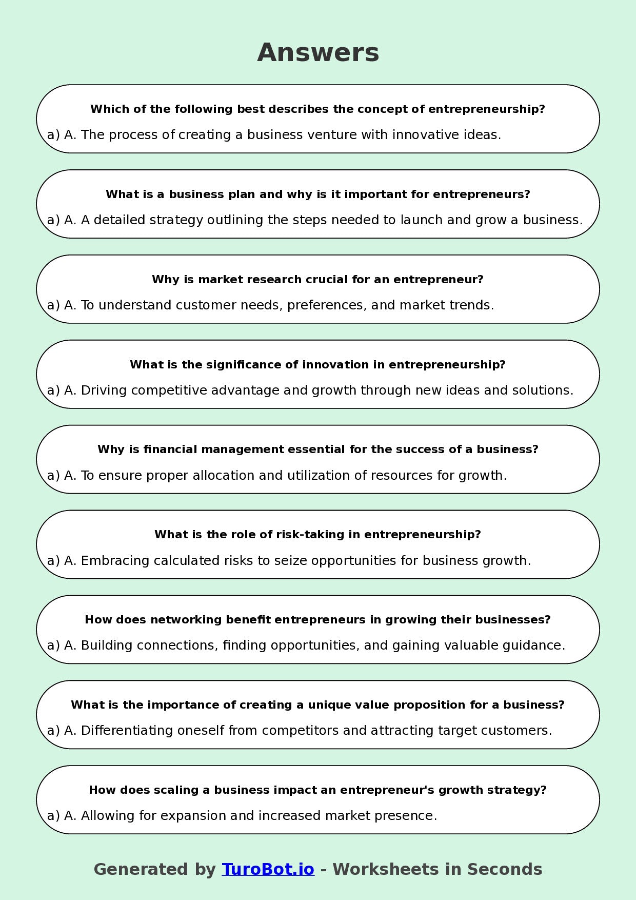 Year 10 Business Multiple Choice Worksheet – Introduction to Entrepreneurship