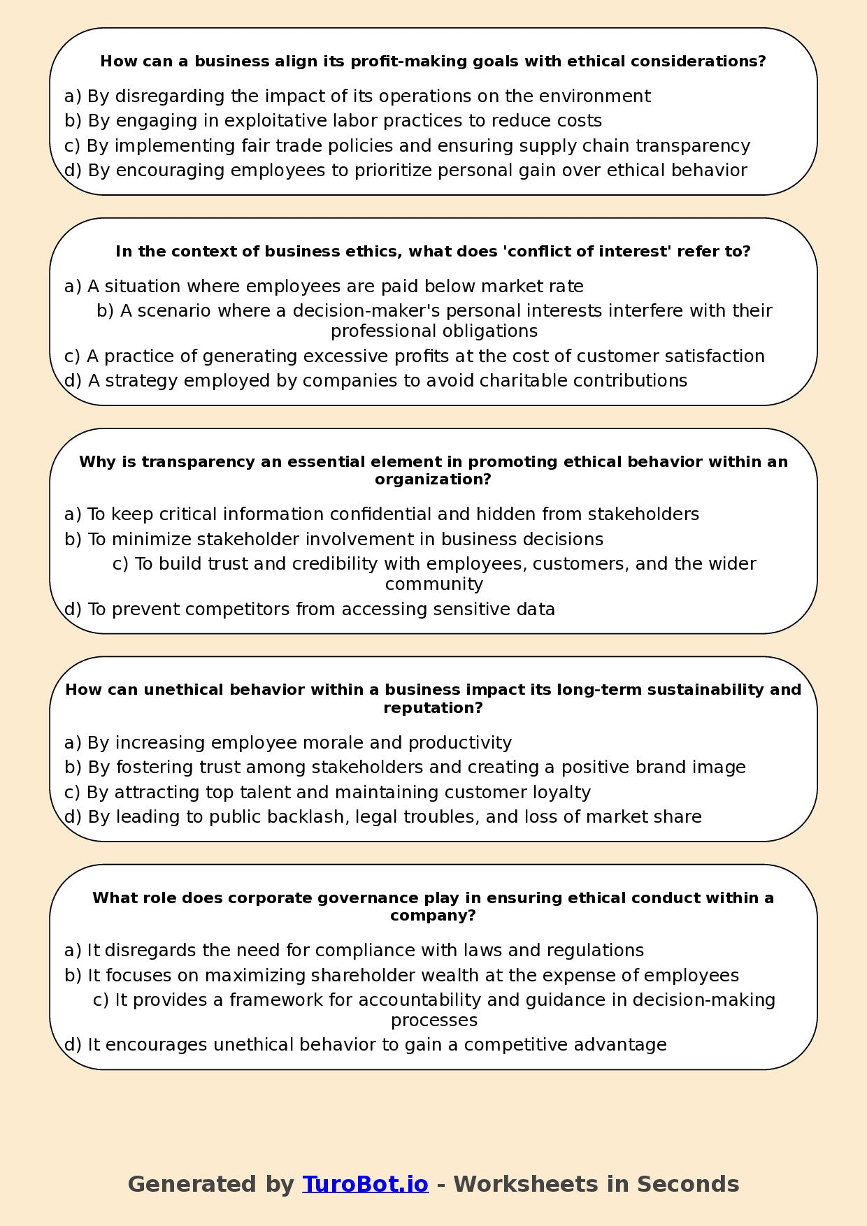 Year 11 Business Multiple Choice Worksheet – Business Ethics and Social Responsibility