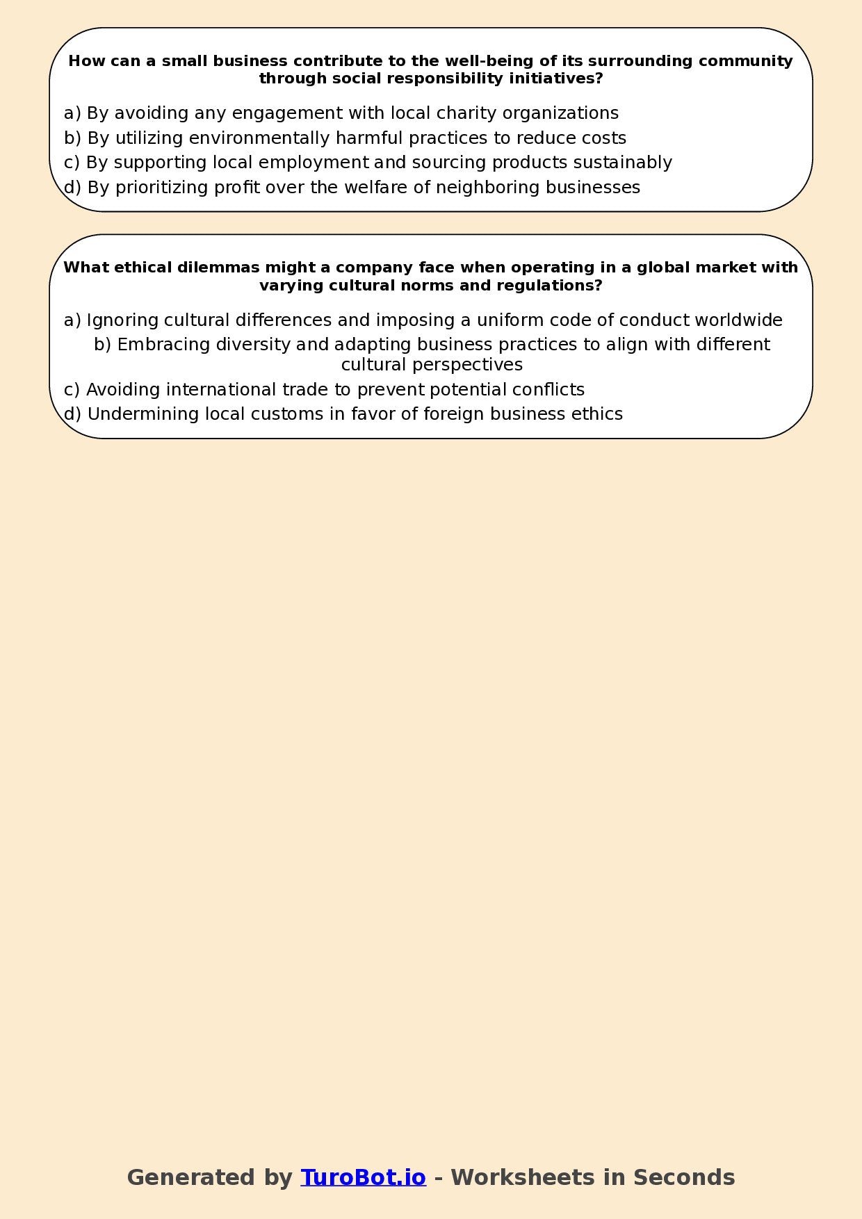 Year 11 Business Multiple Choice Worksheet – Business Ethics and Social Responsibility