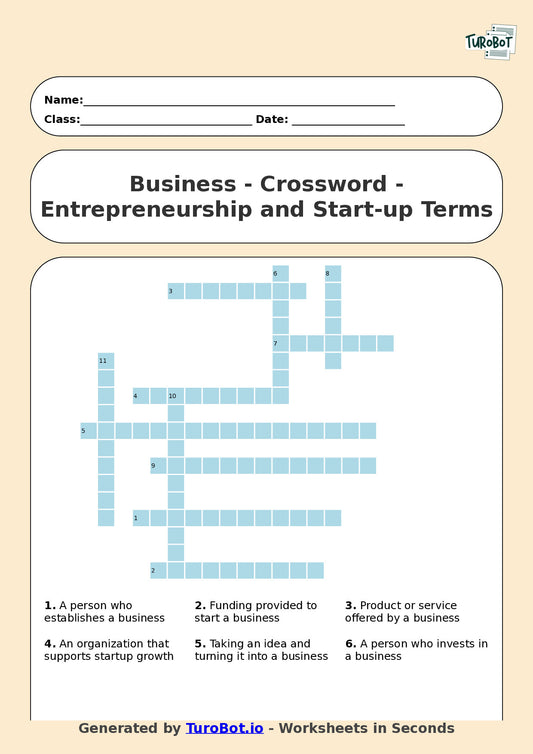 Business - Year 12 - Crossword - Entrepreneurship and Start-up Terms