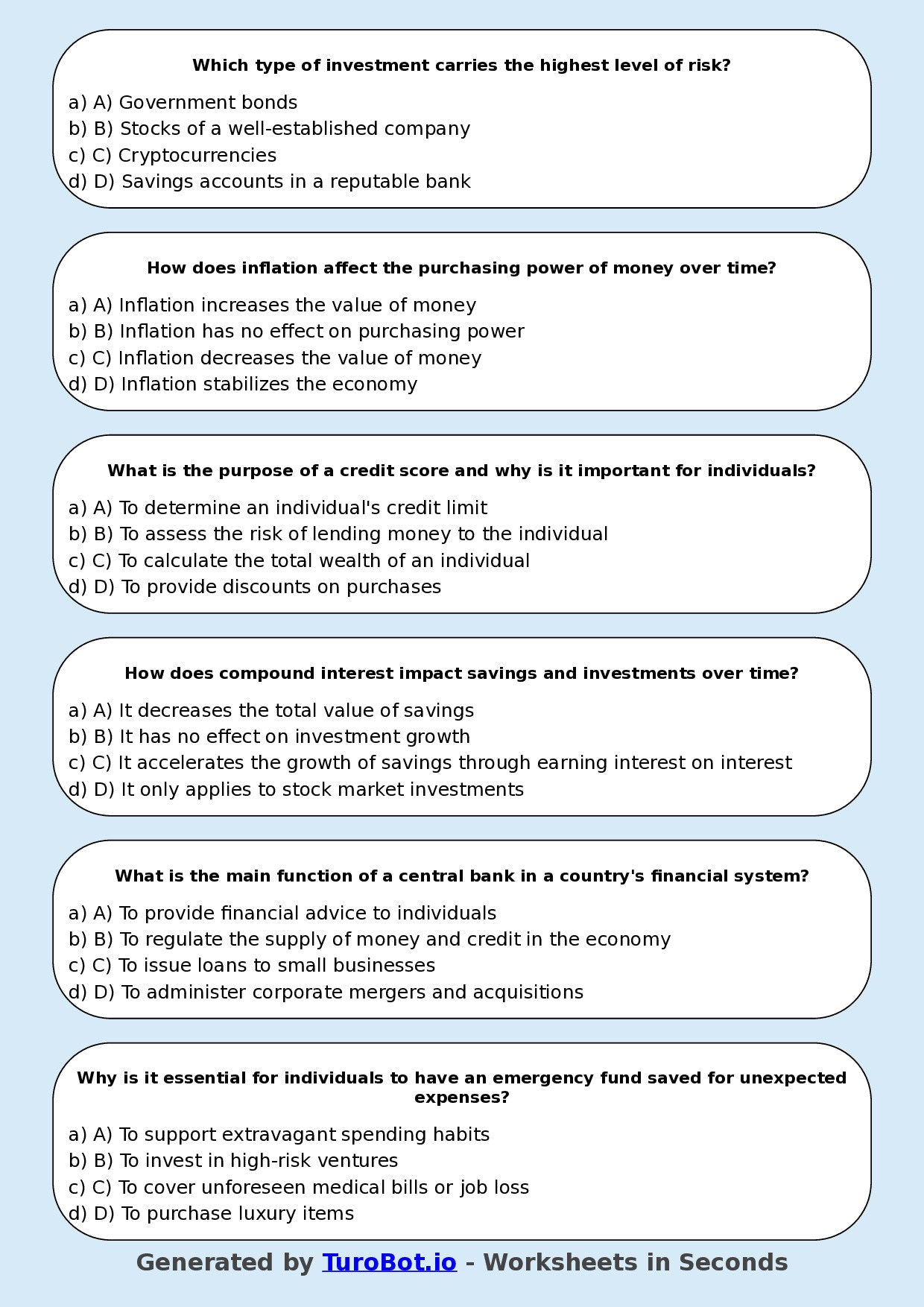 Year 8 Business Multiple Choice Worksheet – Introduction to Money & Banking