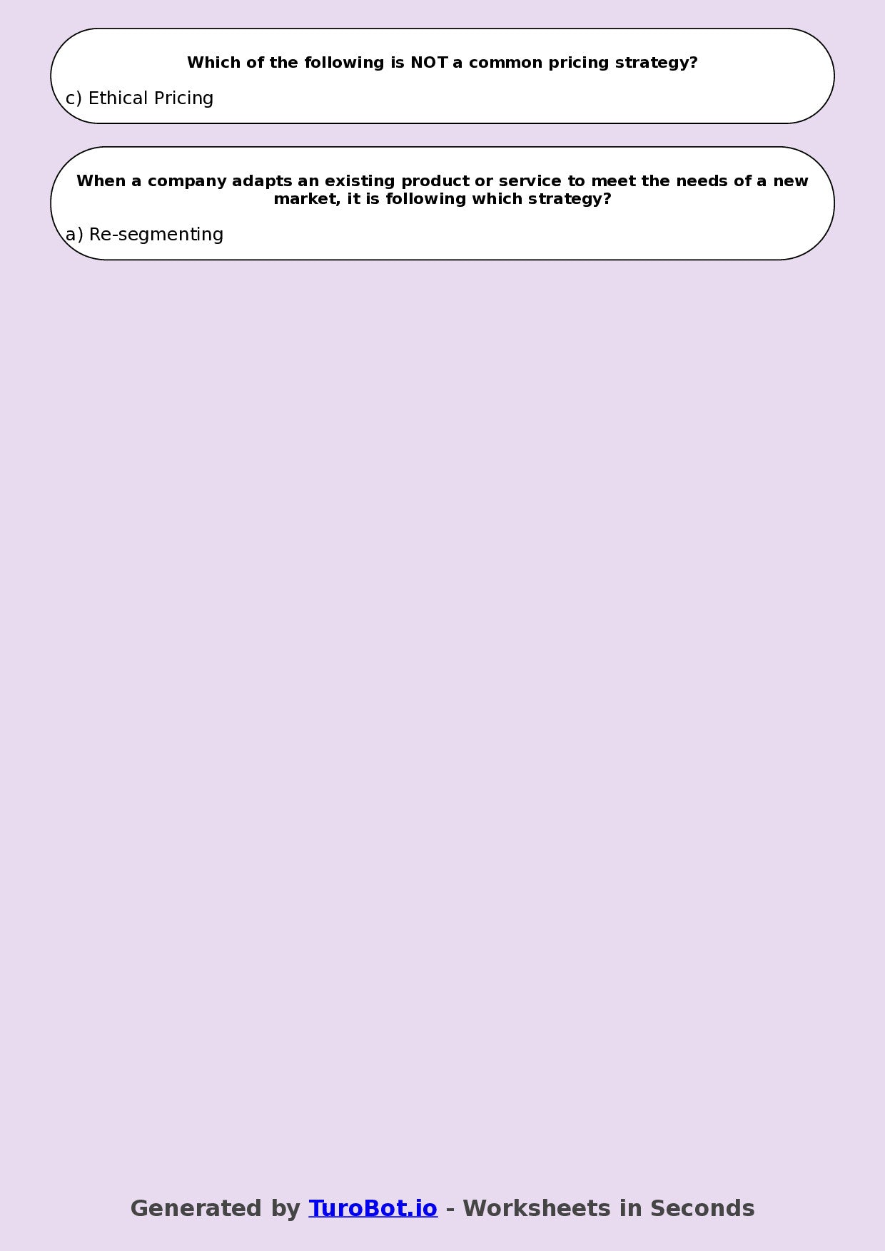 Year 8 Business Multiple Choice Worksheet – Marketing Basics
