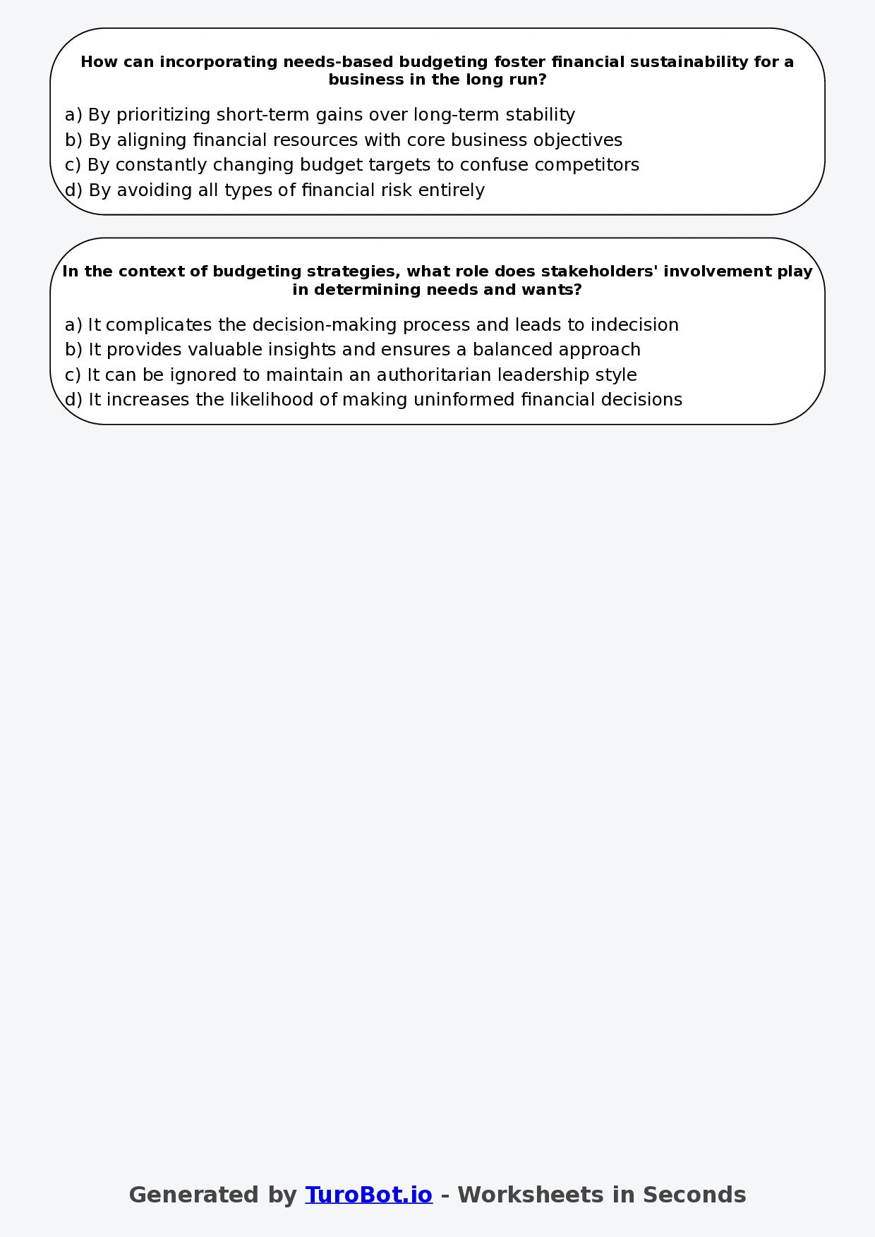 Year 9 Business Multiple Choice Worksheet – Needs Wants and Simple Budgeting