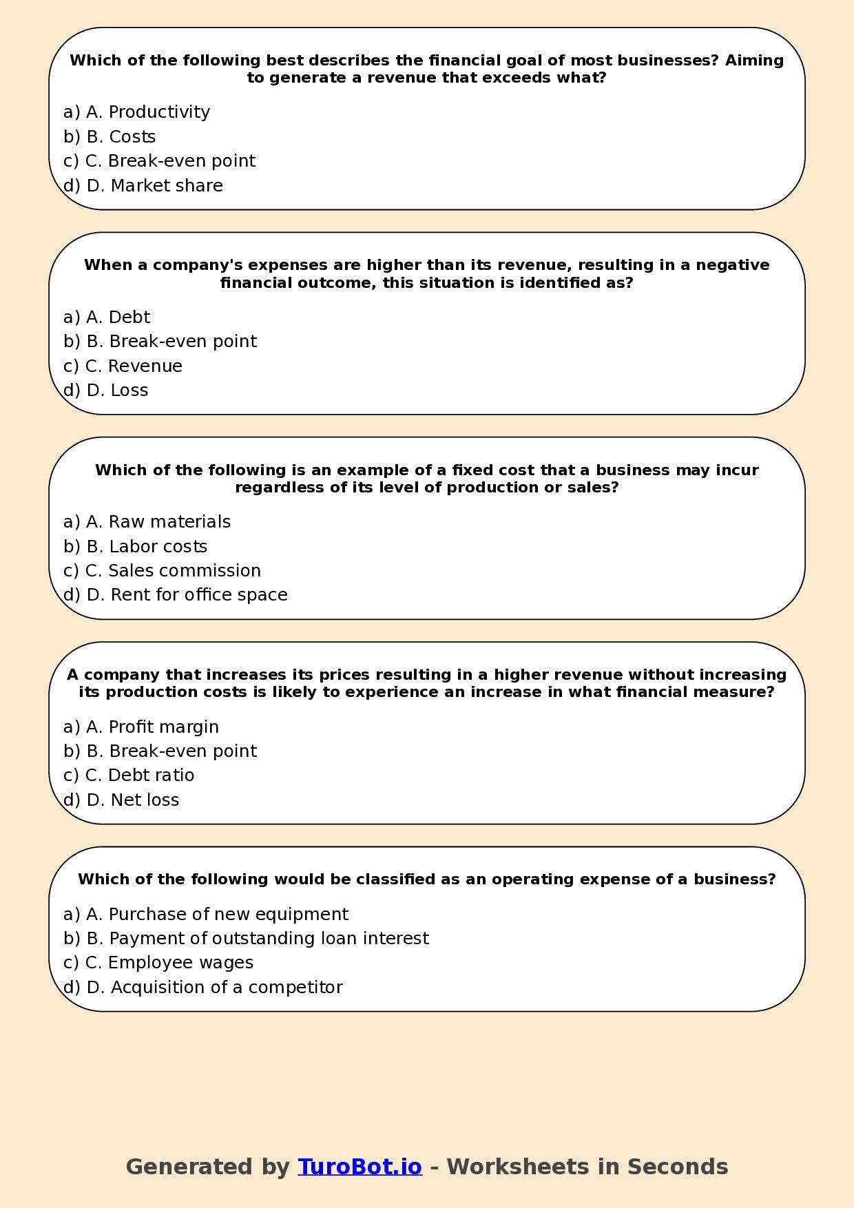 Year 9 Business Multiple Choice Worksheet – Profit, Loss, and Revenue