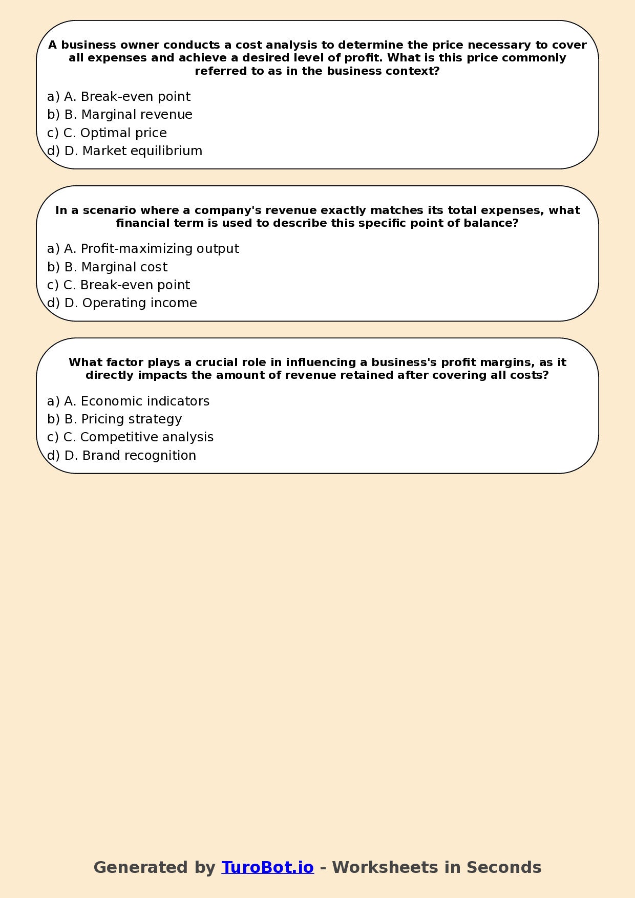 Year 9 Business Multiple Choice Worksheet – Profit, Loss, and Revenue