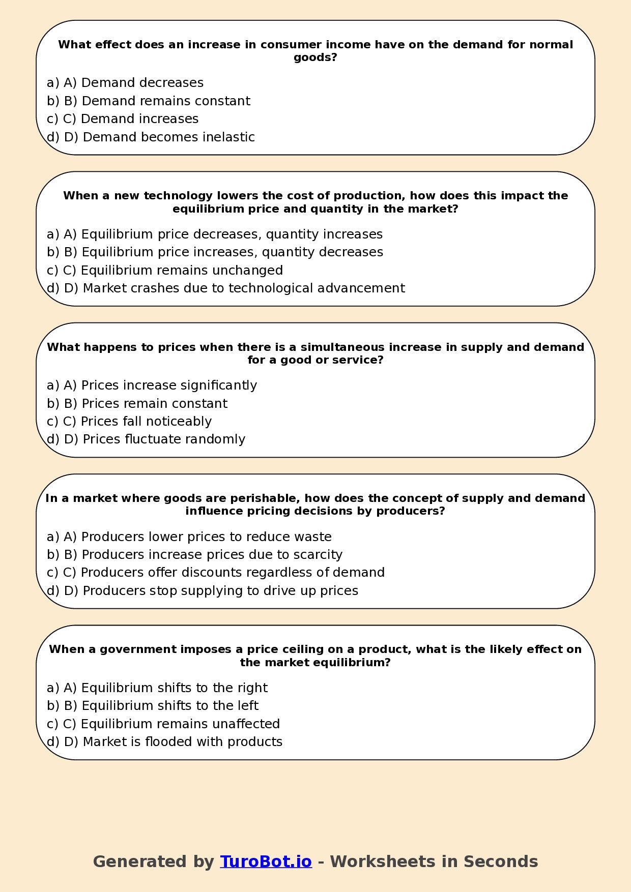 Year 9 Business Multiple Choice Worksheet – Supply and Demand