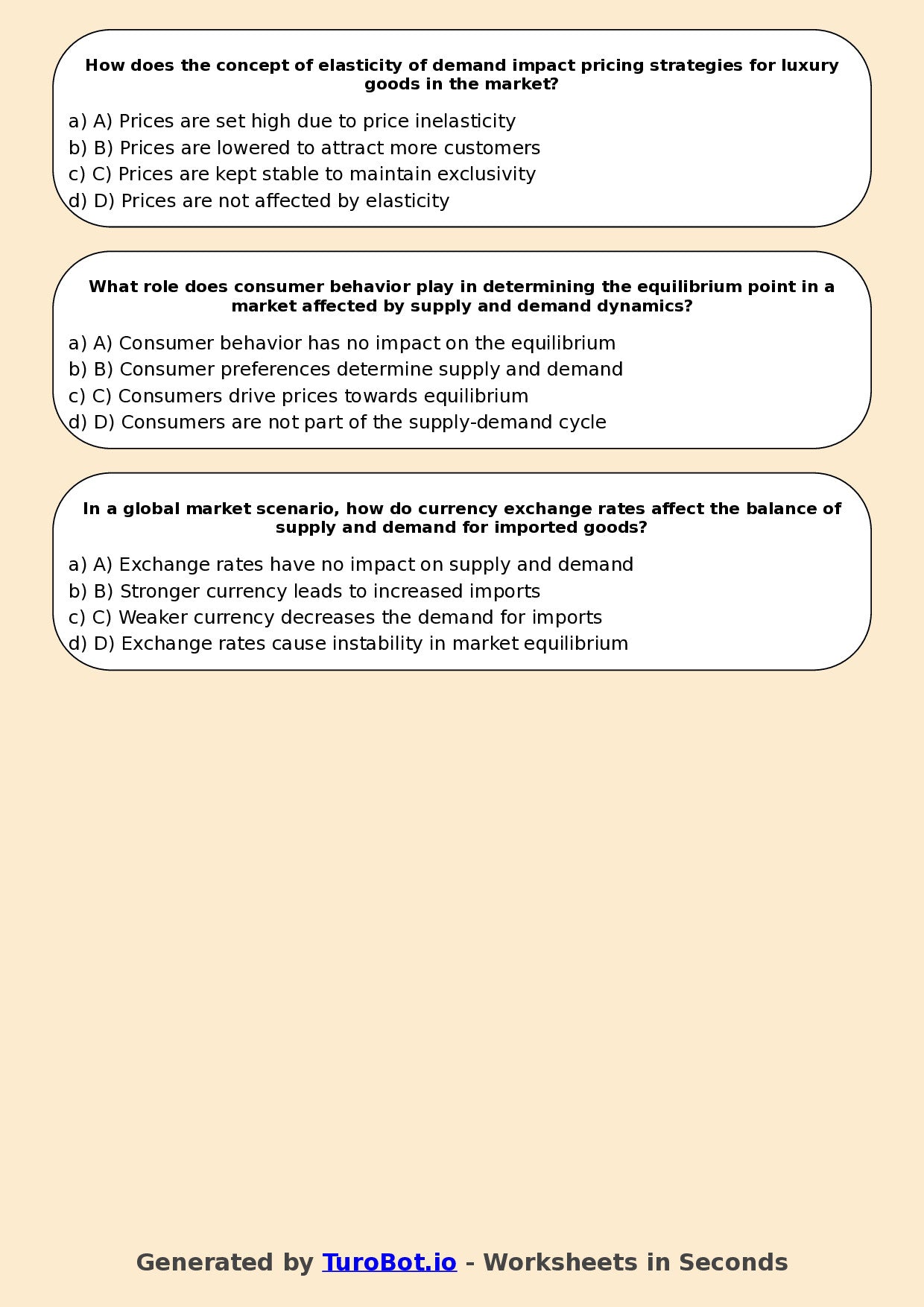 Year 9 Business Multiple Choice Worksheet – Supply and Demand