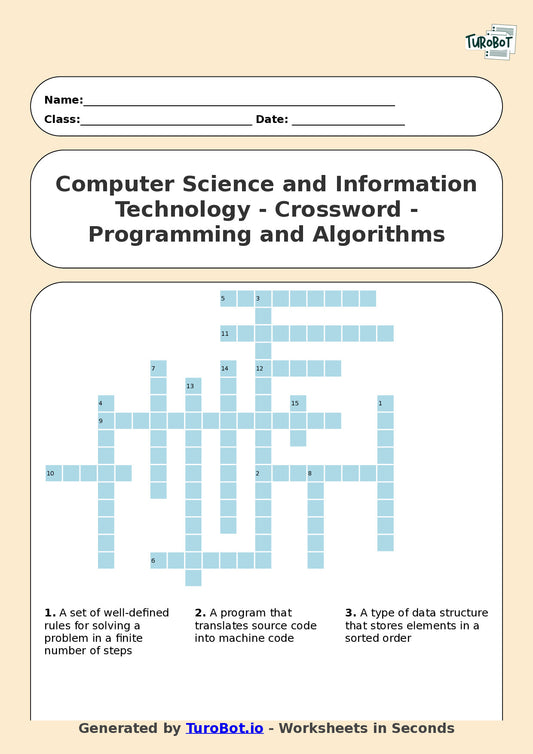 Computer Science and Information Technology - Year 11 - Crossword - Programming and Algorithms