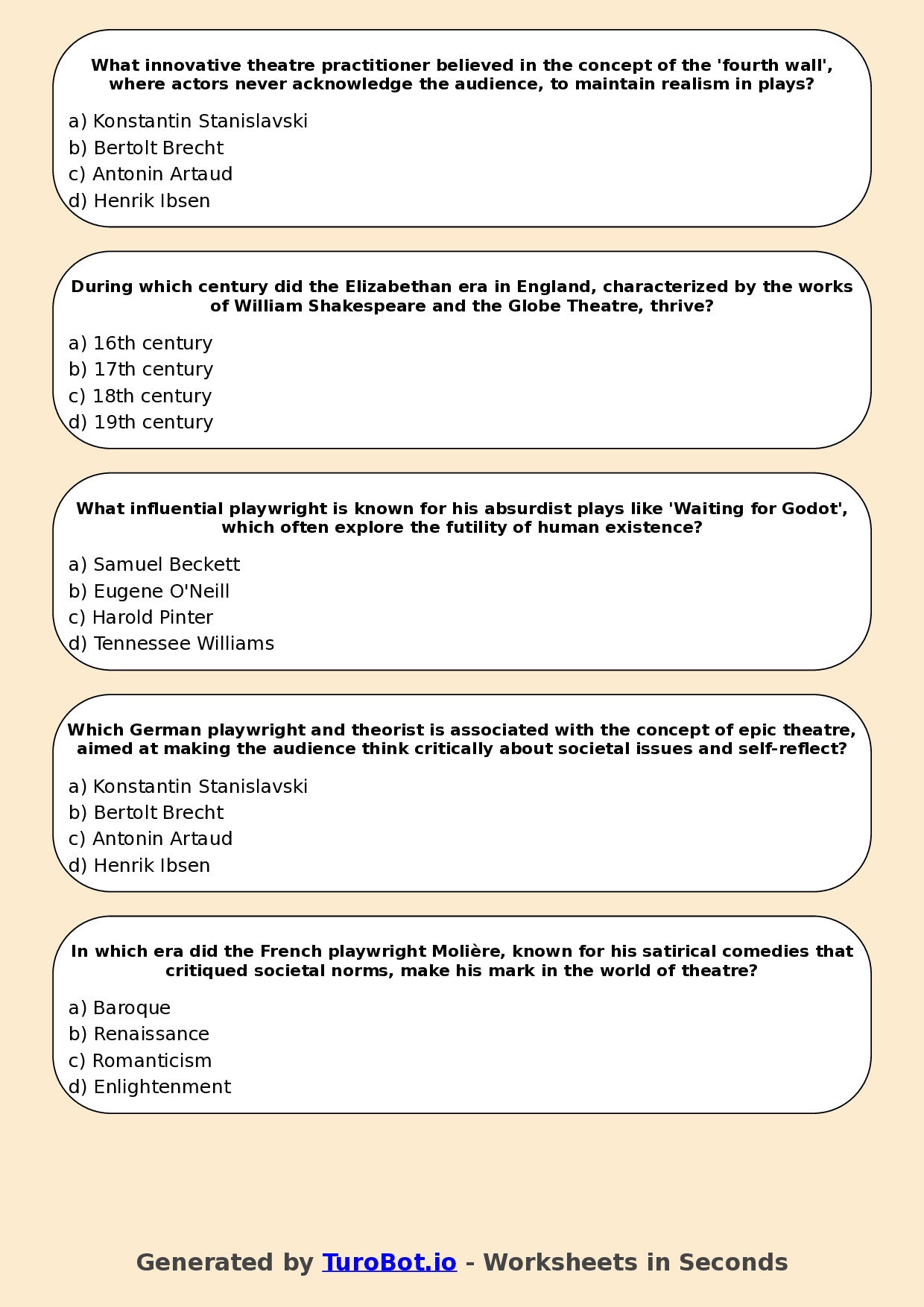 Year 10 Drama Multiple Choice Worksheet – Theatre History Overview