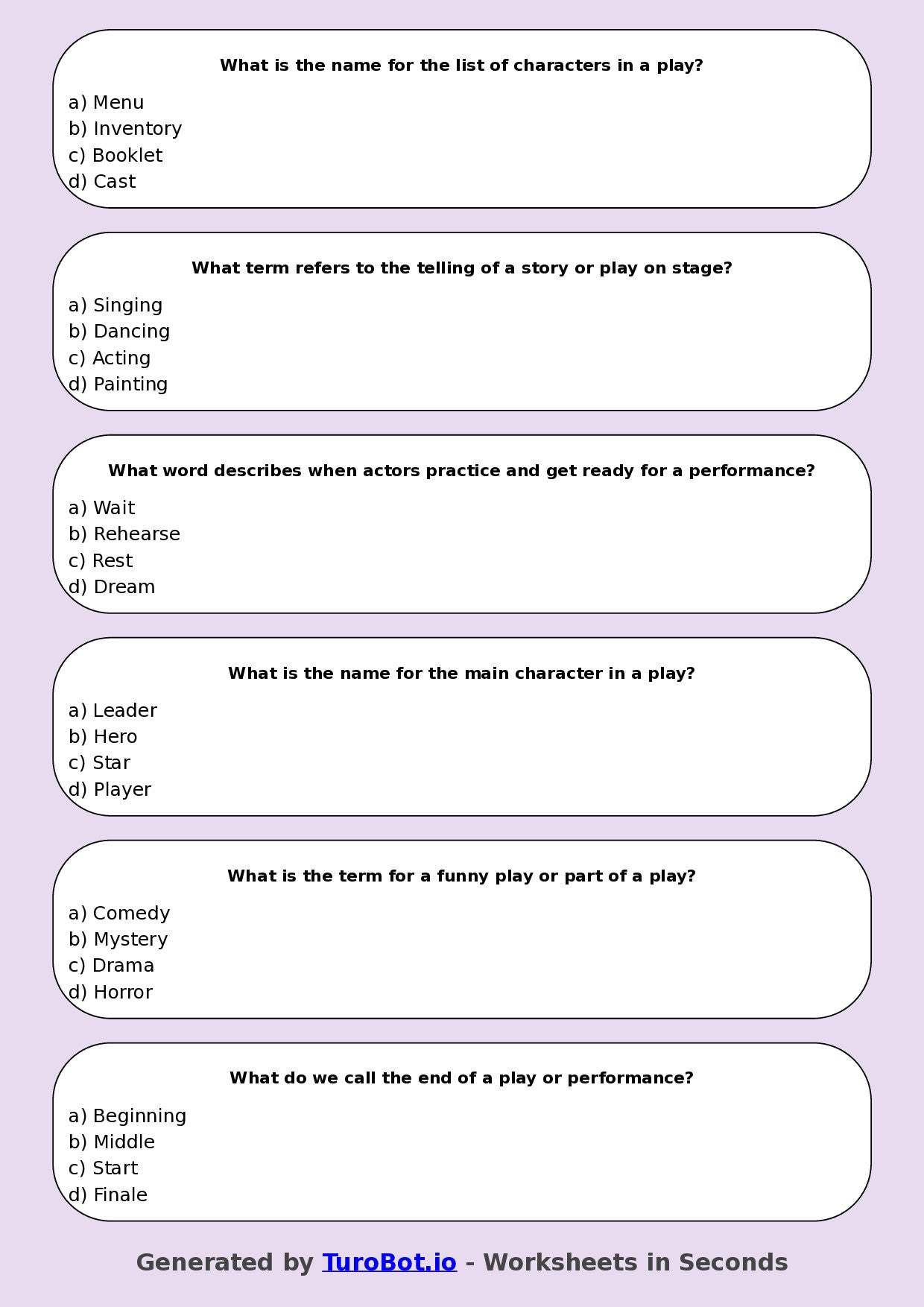 Year 4 Drama Multiple Choice Worksheet – Drama Vocabulary Basics