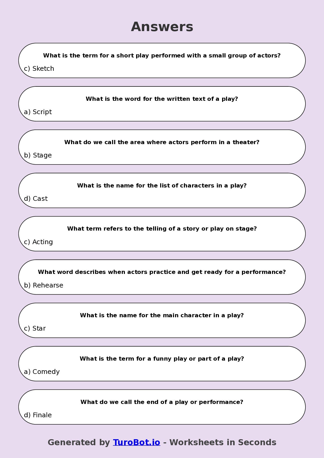 Year 4 Drama Multiple Choice Worksheet – Drama Vocabulary Basics