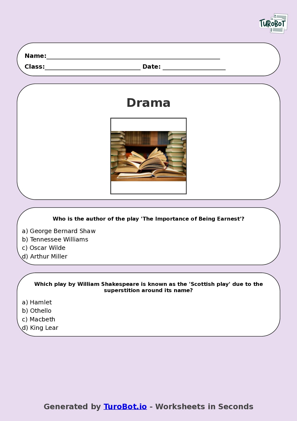 Year 8 Drama Multiple Choice Worksheet – Famous Plays and Playwrights