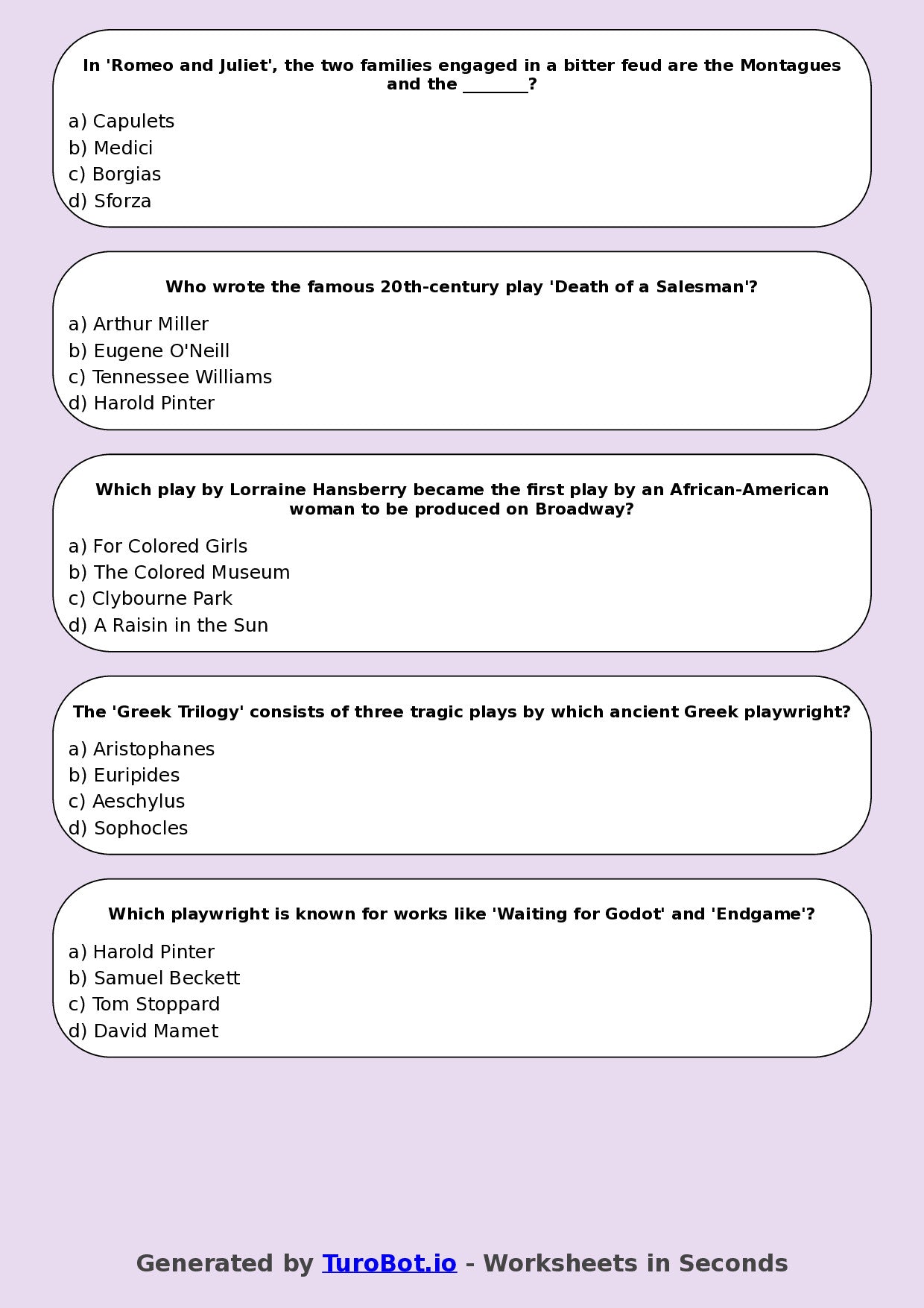 Year 8 Drama Multiple Choice Worksheet – Famous Plays and Playwrights