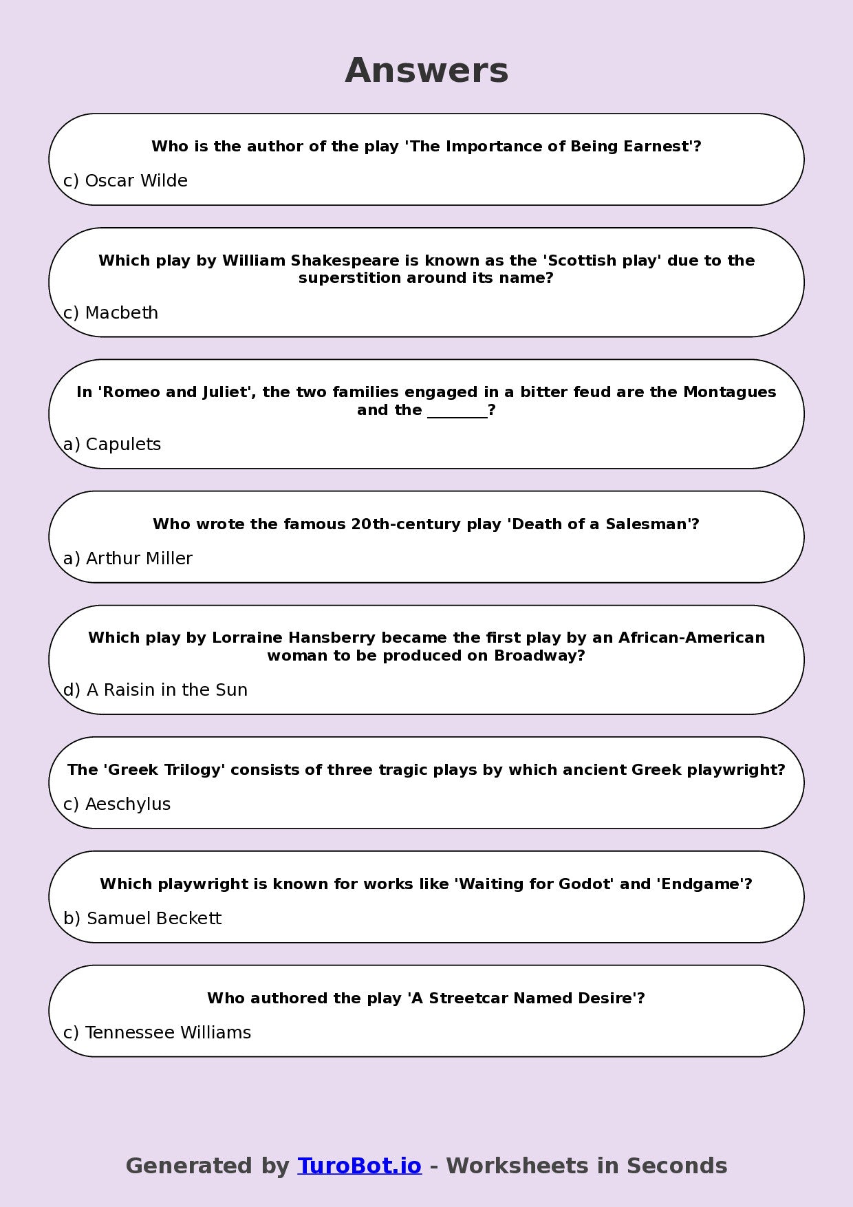 Year 8 Drama Multiple Choice Worksheet – Famous Plays and Playwrights