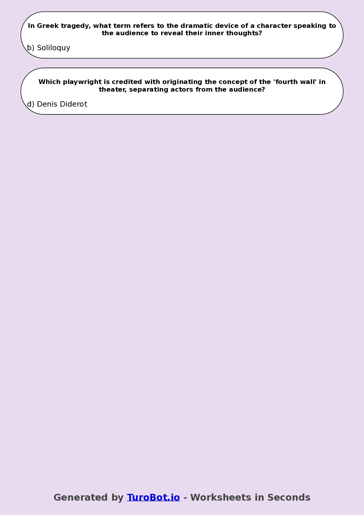 Year 8 Drama Multiple Choice Worksheet – Famous Plays and Playwrights
