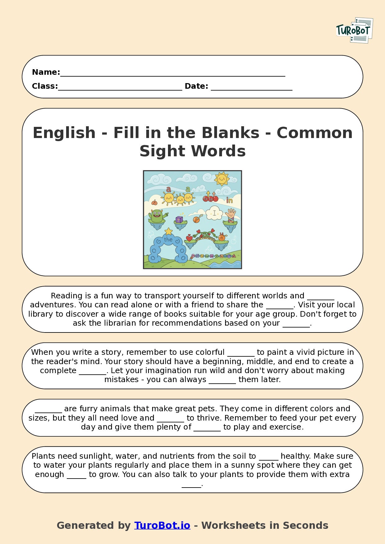 Year 2 English Fill in the Blanks Worksheet – Common Sight Words