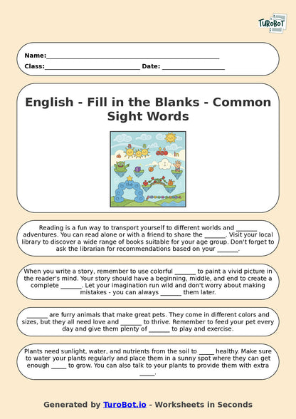 Year 2 English Fill in the Blanks Worksheet – Common Sight Words