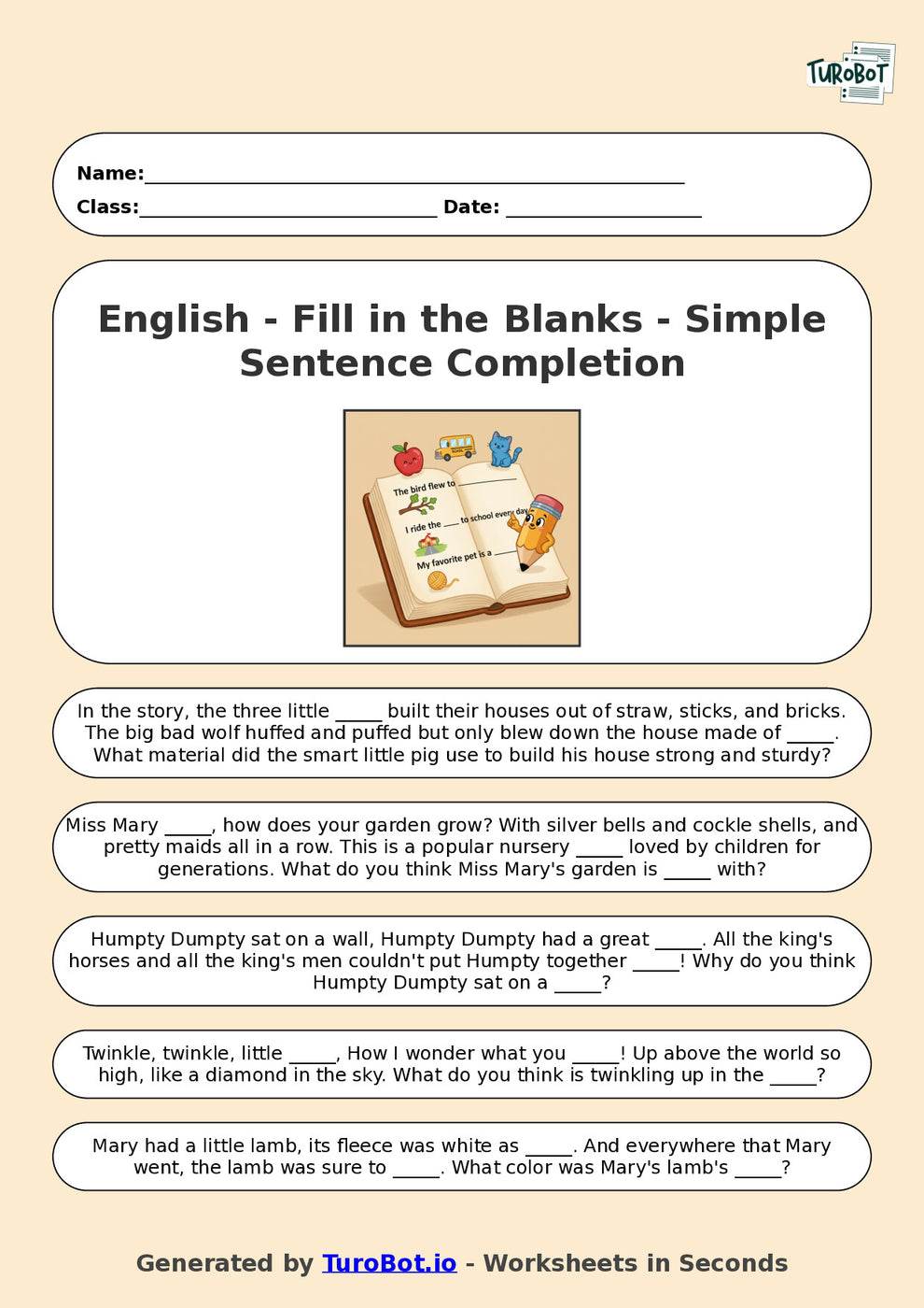 Year 2 English Fill in the Blanks Worksheet – Simple Sentence Completi ...