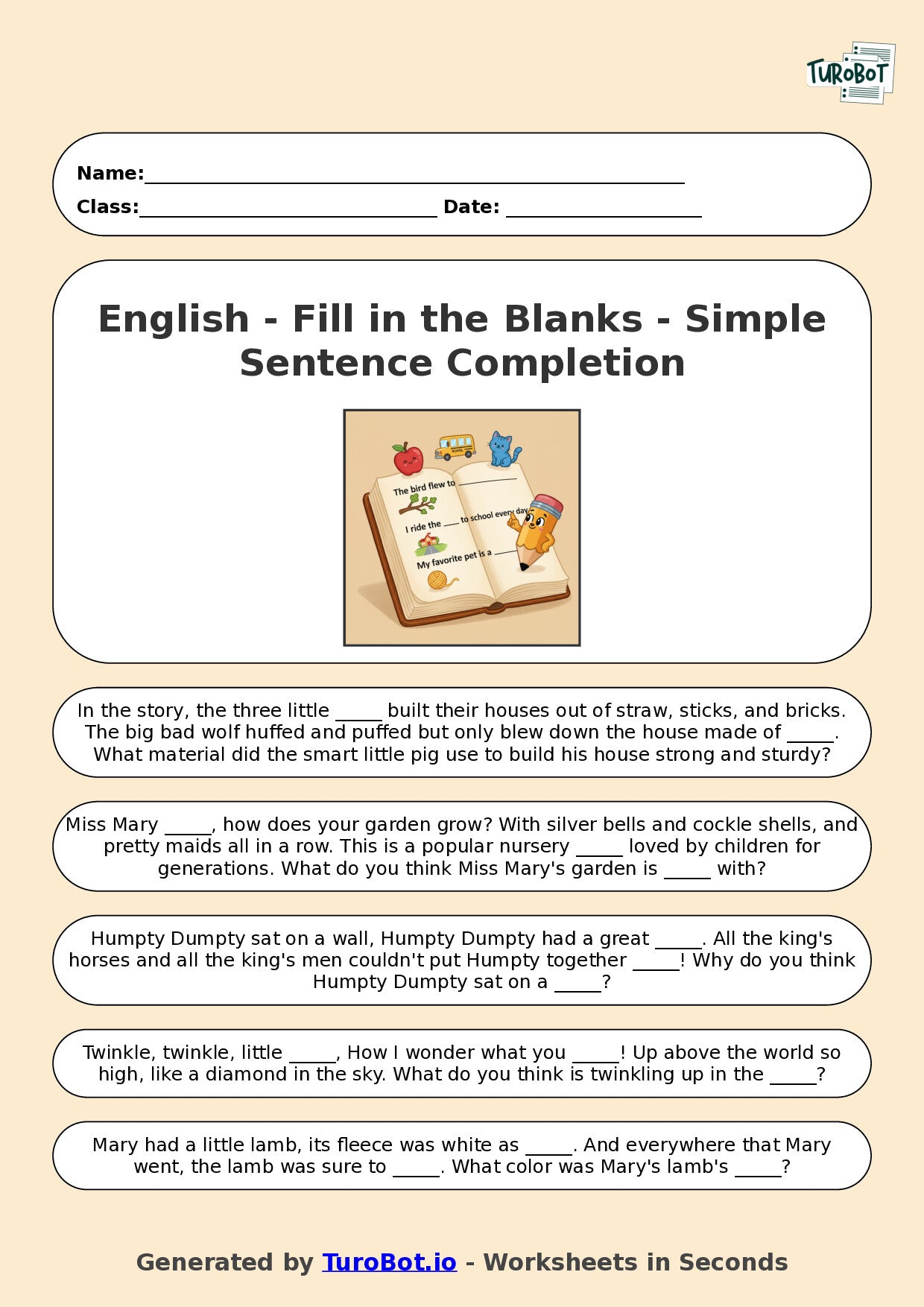 Year 2 English Fill in the Blanks Worksheet – Simple Sentence Completion