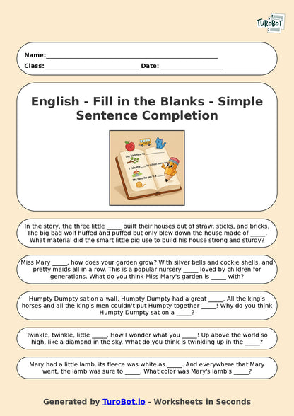 Year 2 English Fill in the Blanks Worksheet – Simple Sentence Completion