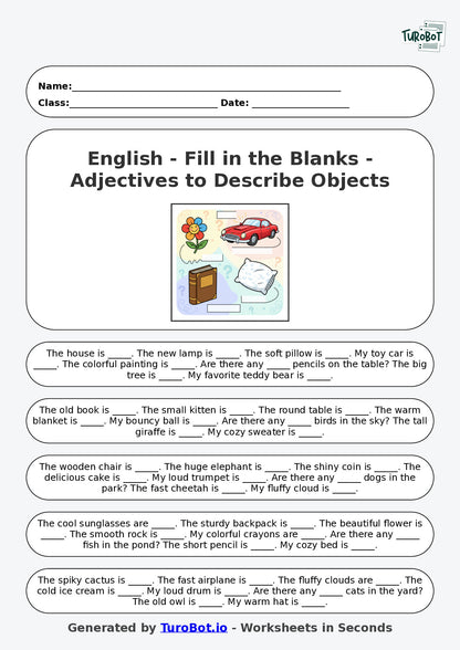 Year 3 English Fill in the Blanks Worksheet – Adjectives to Describe Objects