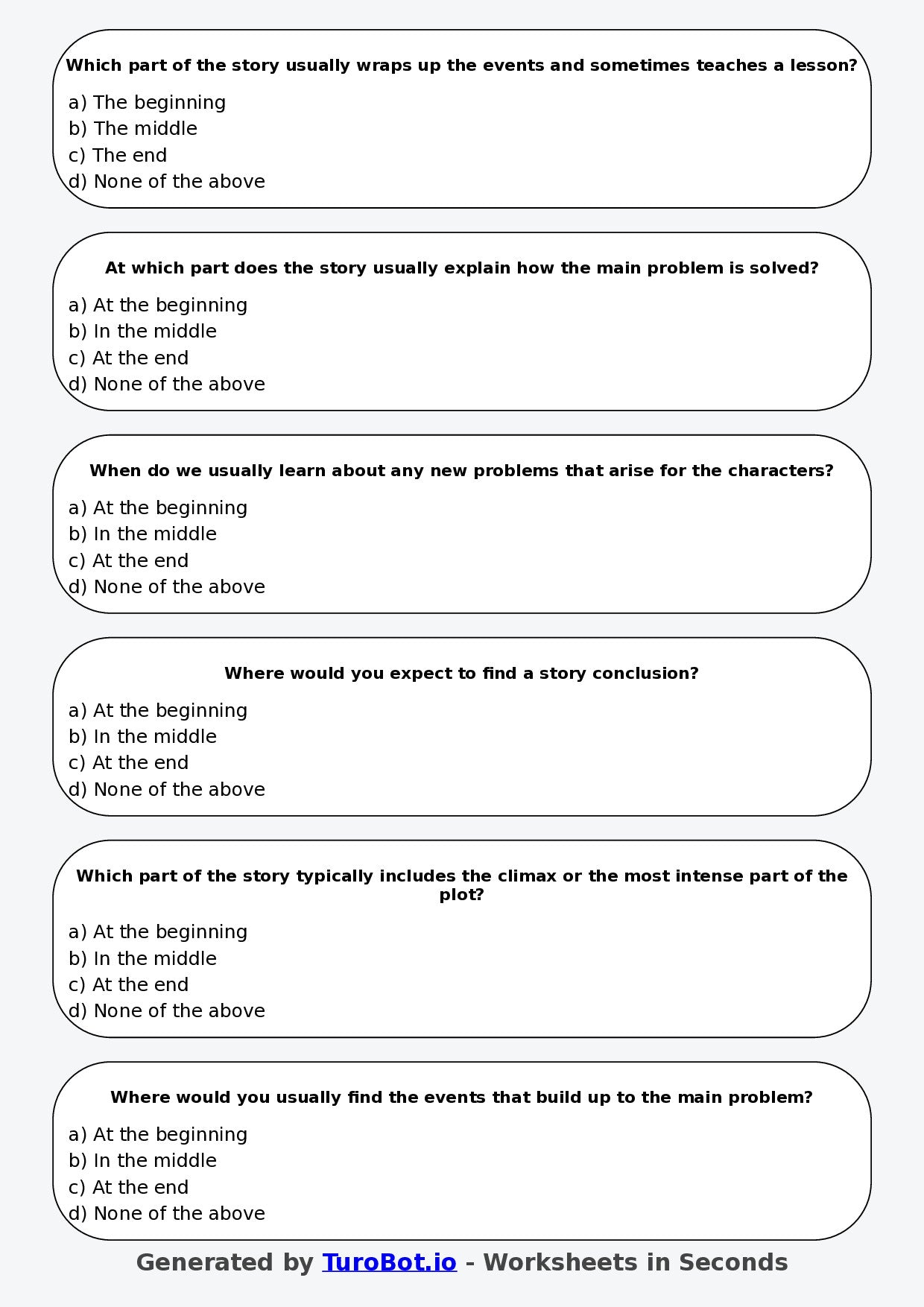 Year 3 English Multiple Choice Worksheet – Identifying Beginning Middle and End