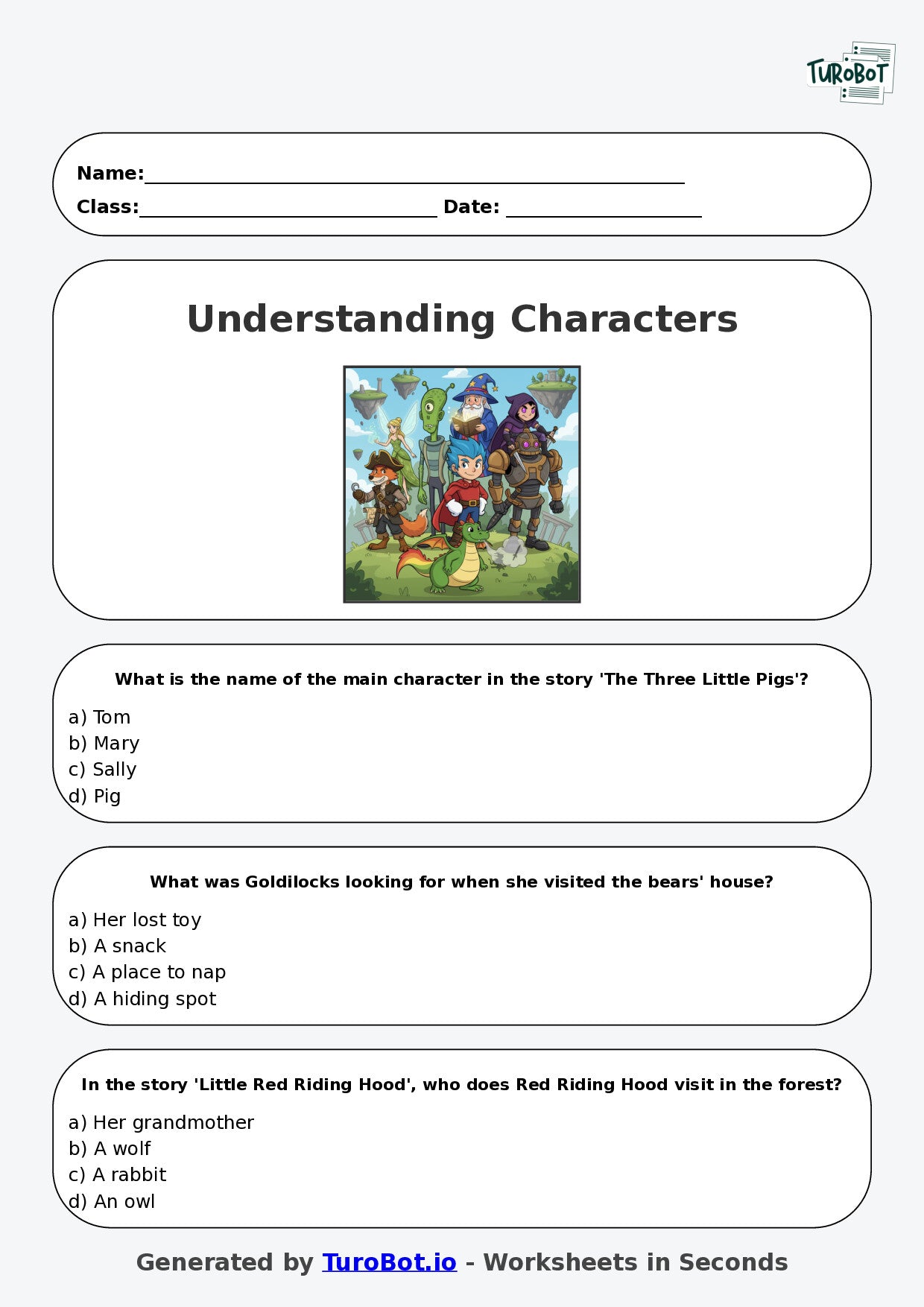 Year 3 English Multiple Choice Worksheet – Understanding Characters in Stories