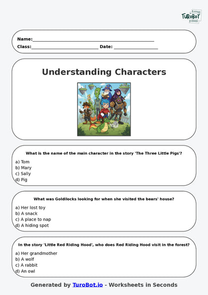 Year 3 English Multiple Choice Worksheet – Understanding Characters in Stories