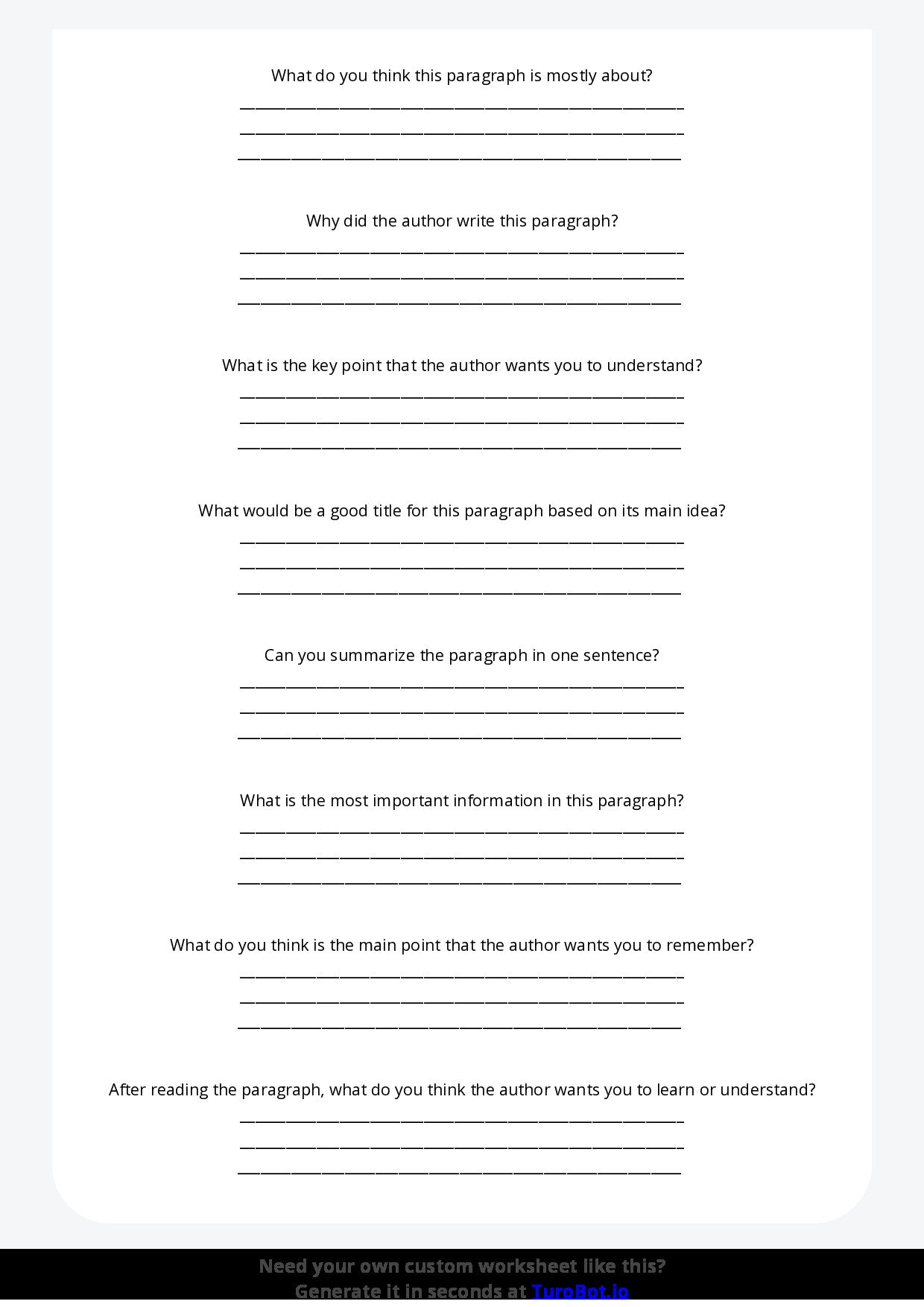 Free Worksheet - Year 3 English Identifying Main Idea in a Paragraph Short Answer Response