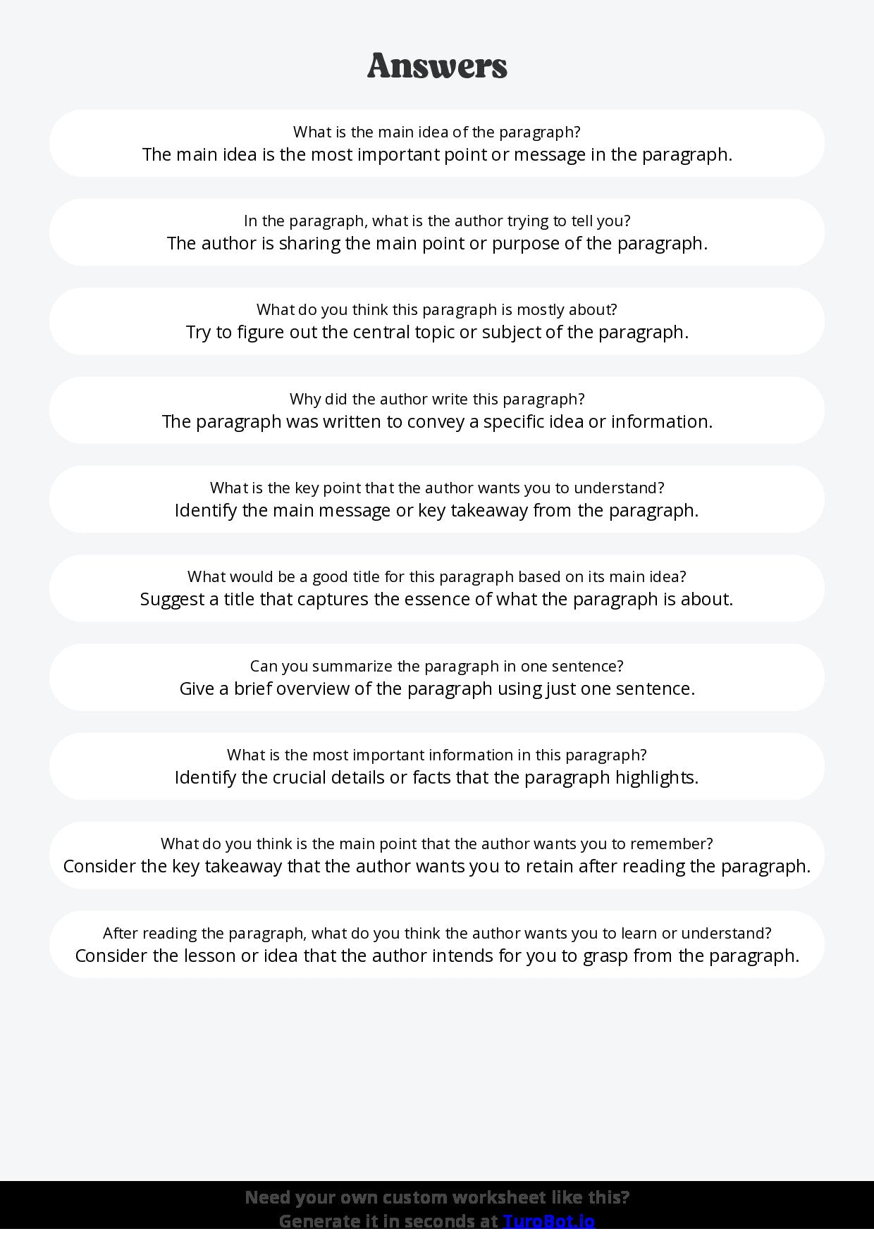 Free Worksheet - Year 3 English Identifying Main Idea in a Paragraph Short Answer Response