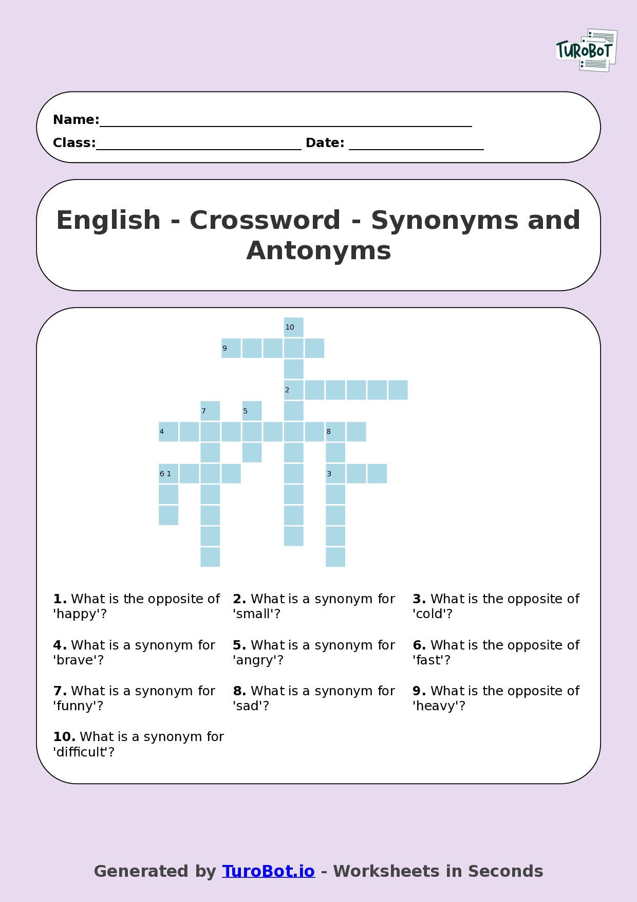 Year 4 English Crossword Worksheet – Synonyms and Antonyms