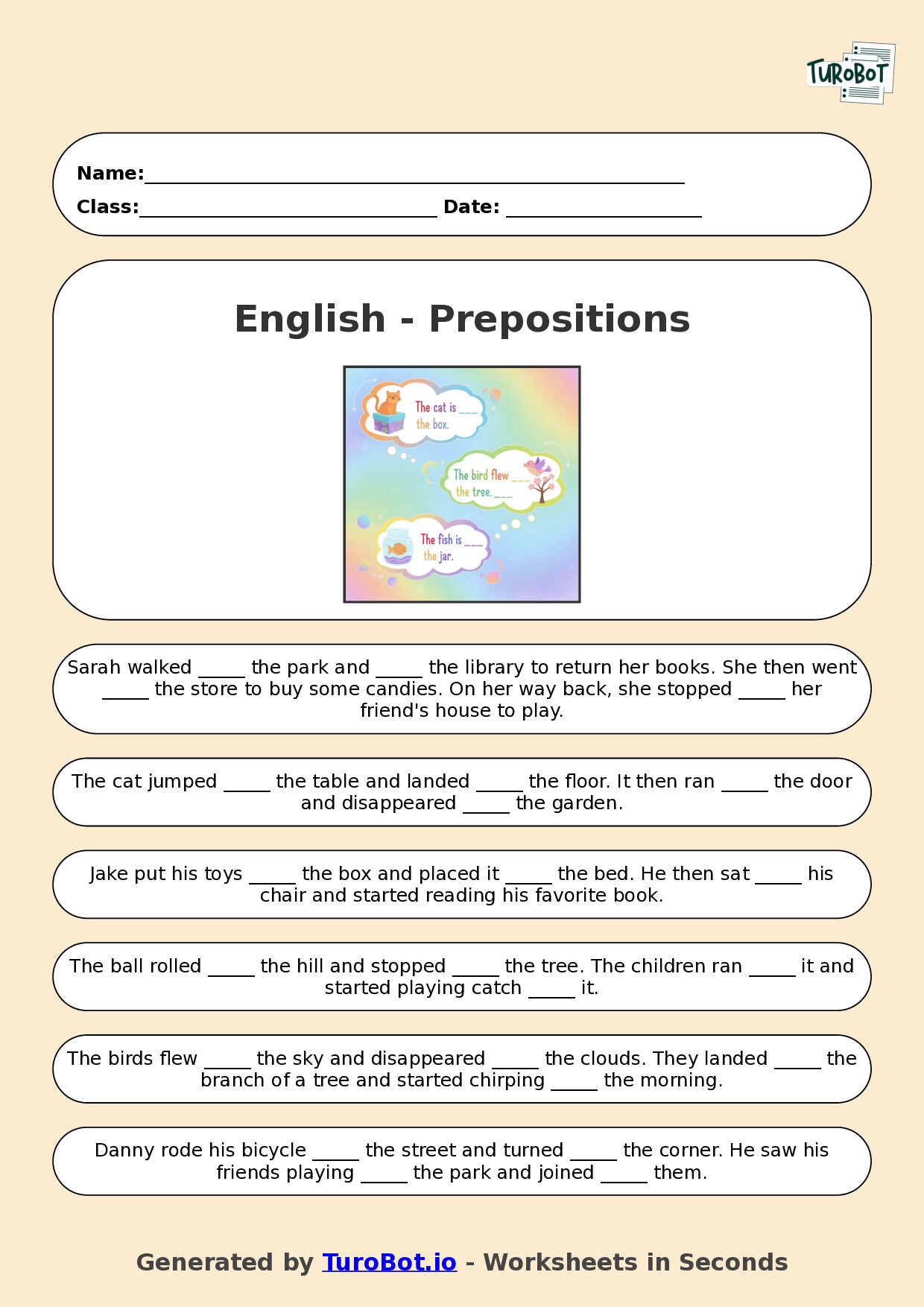 Year 4 English Fill in the Blanks Worksheet – Using Prepositions
