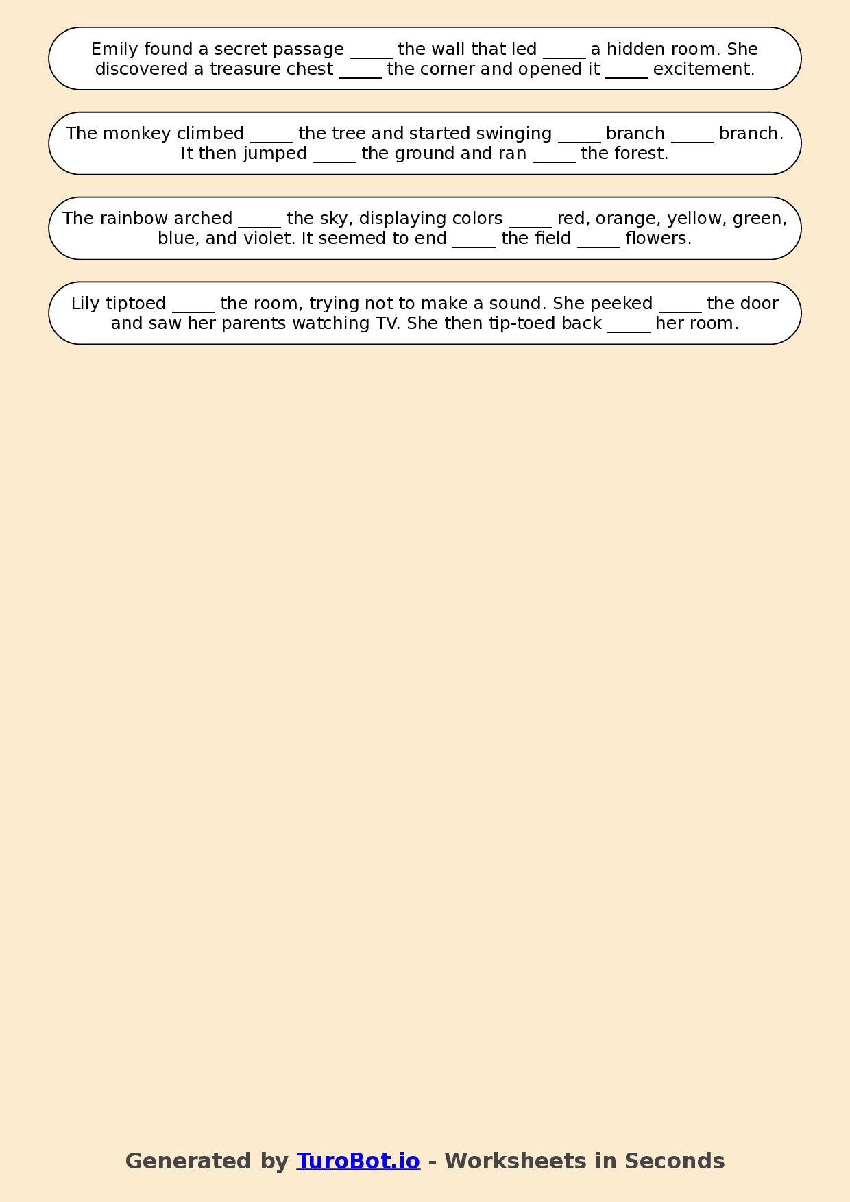 Year 4 English Fill in the Blanks Worksheet – Using Prepositions