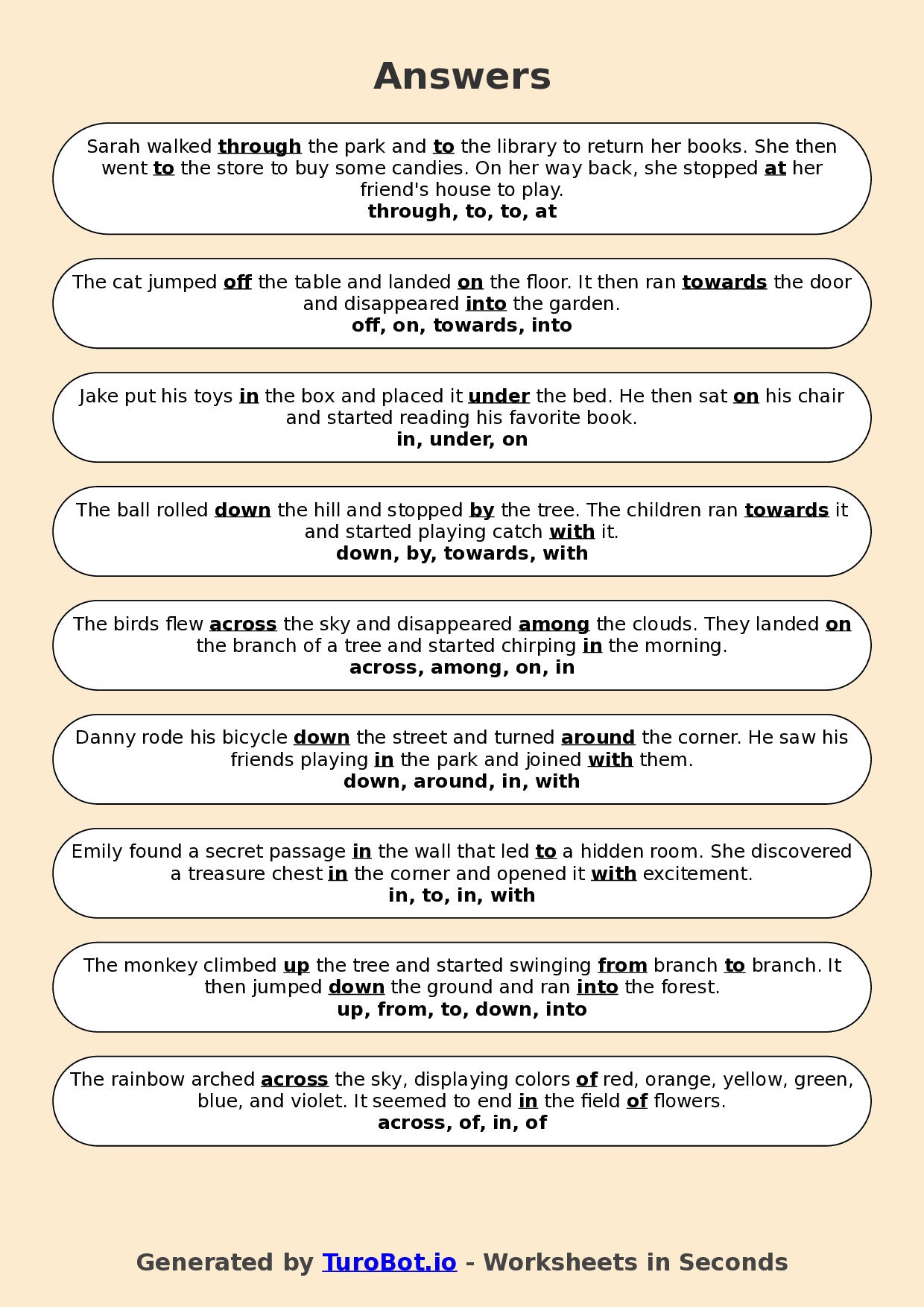 Year 4 English Fill in the Blanks Worksheet – Using Prepositions