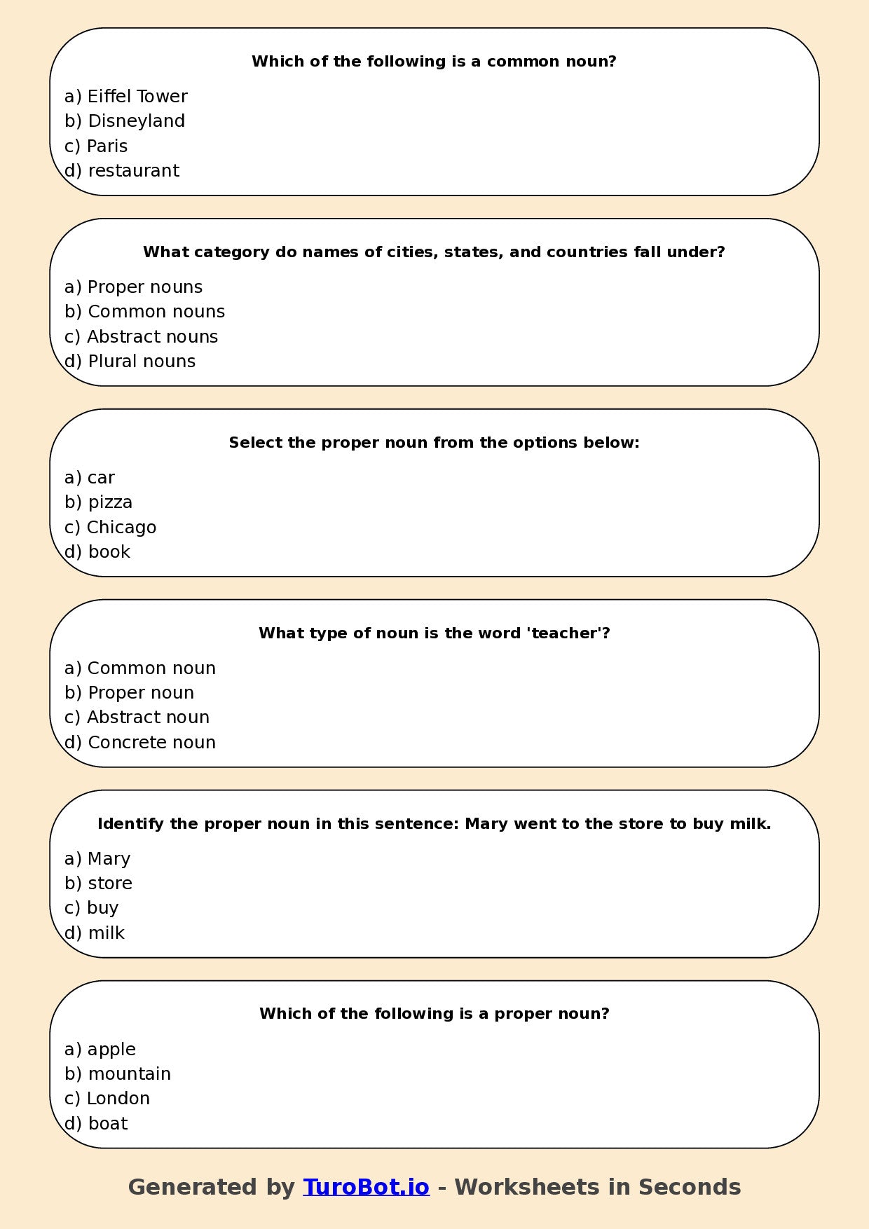 Year 4 English Multiple Choice Worksheet – Common and Proper Nouns