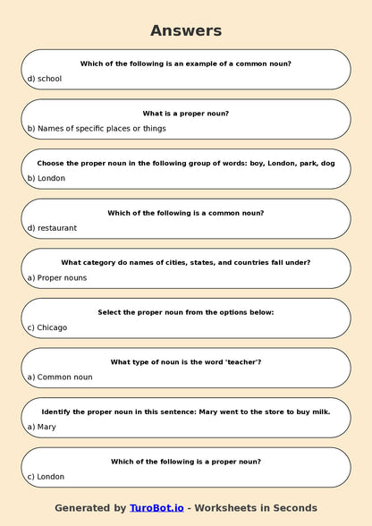Year 4 English Multiple Choice Worksheet – Common and Proper Nouns