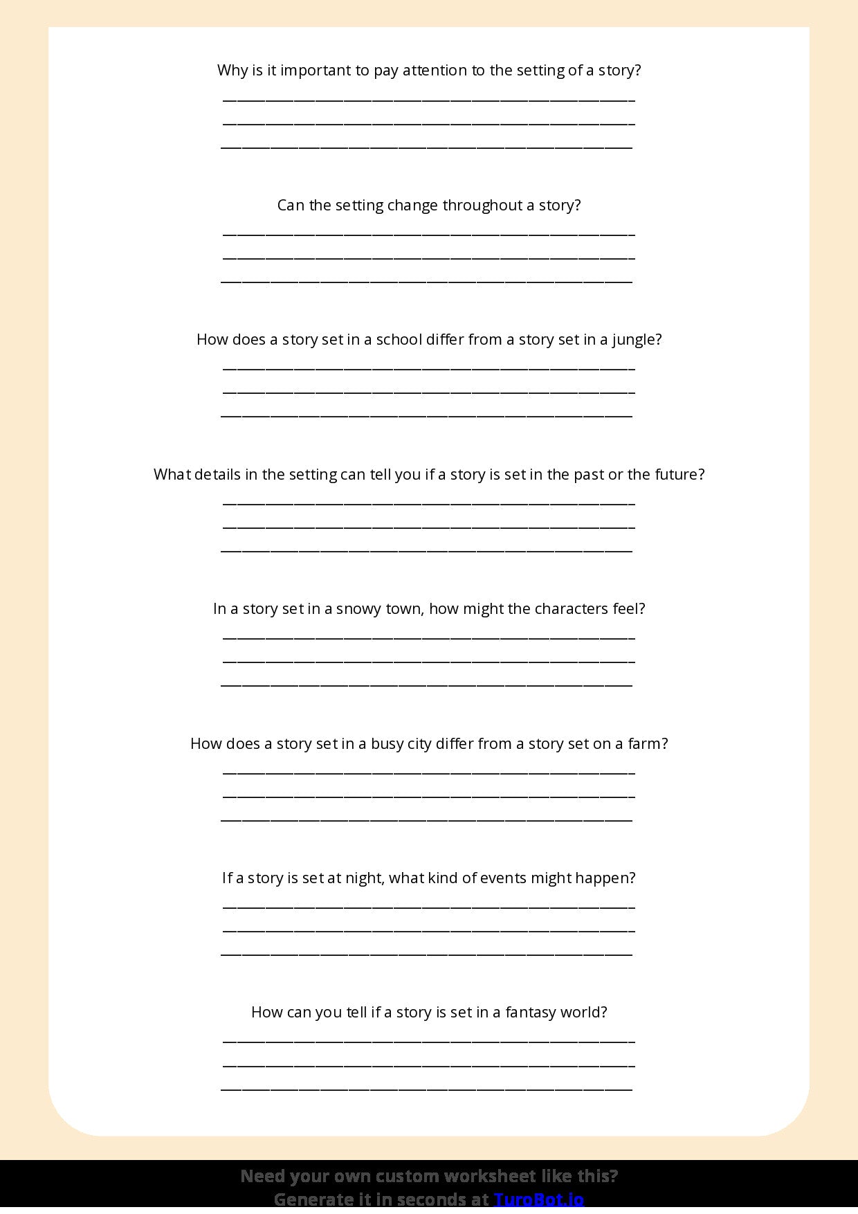 Free Worksheet - Year 4 English Identifying Setting and Its Impact Short Answer Response
