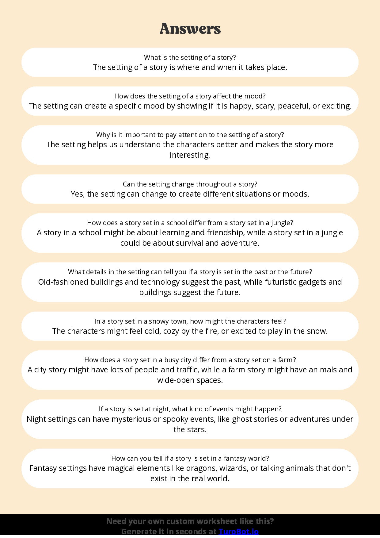 Free Worksheet - Year 4 English Identifying Setting and Its Impact Short Answer Response