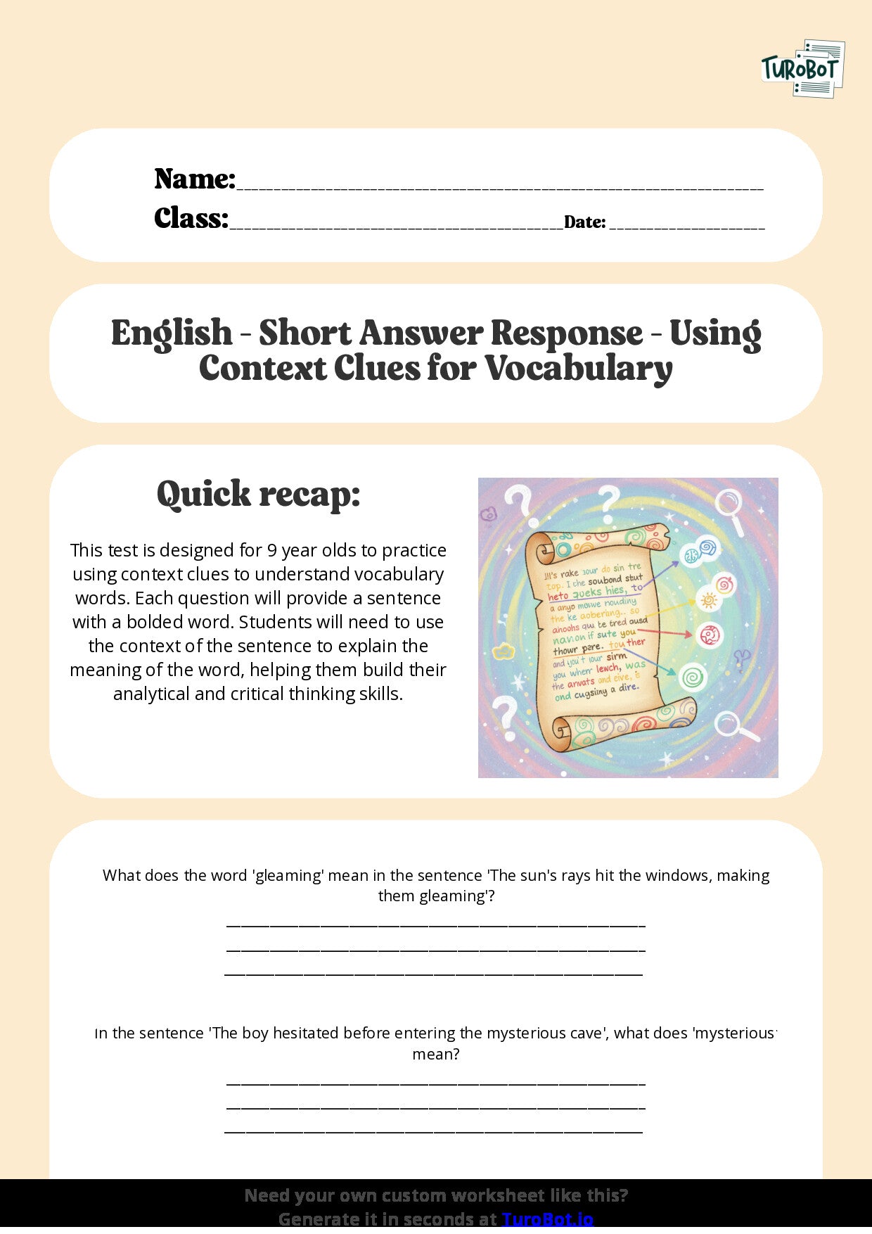 Free Worksheet - Year 4 English Using Context Clues for Vocabulary Short Answer Response