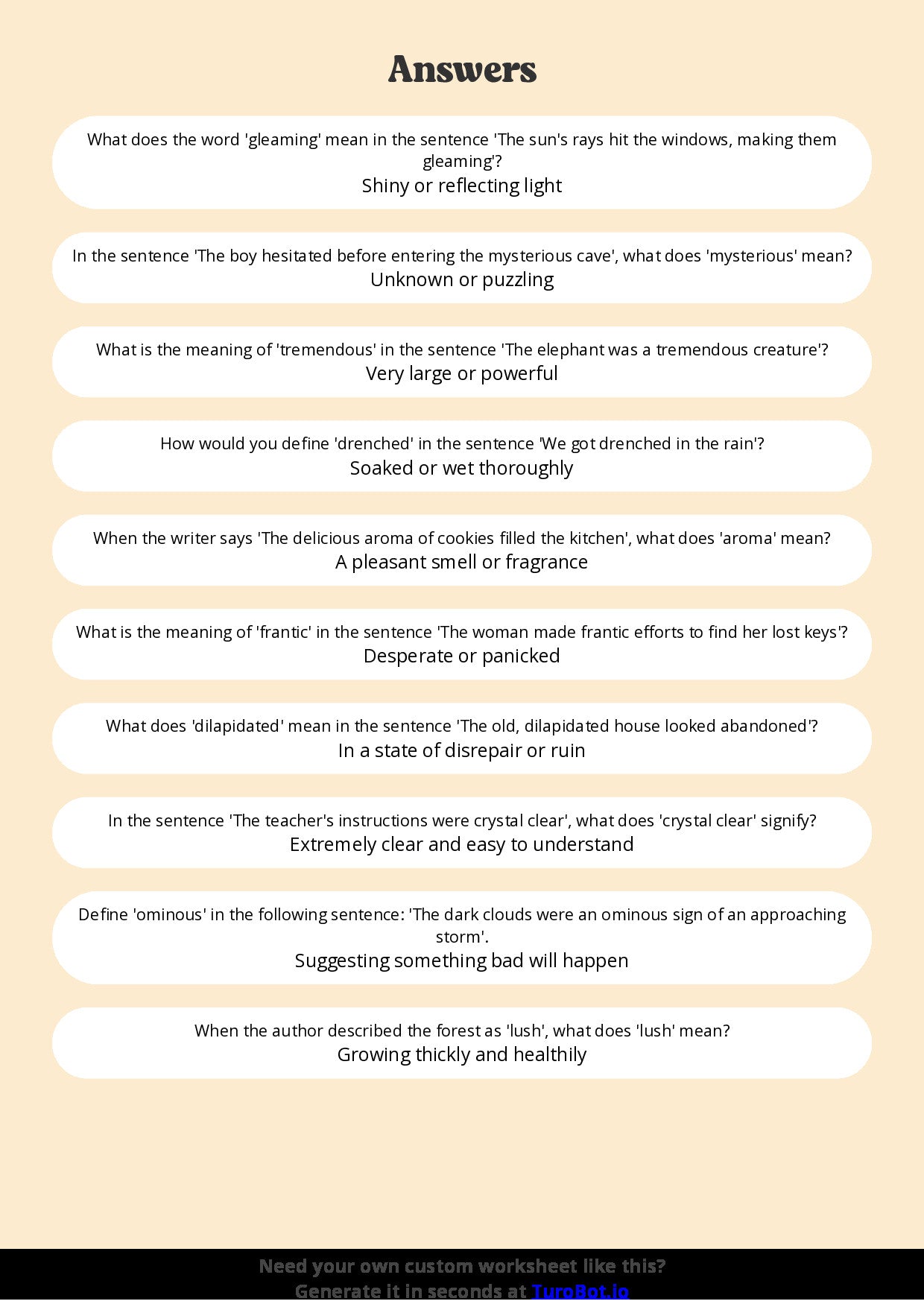 Free Worksheet - Year 4 English Using Context Clues for Vocabulary Short Answer Response