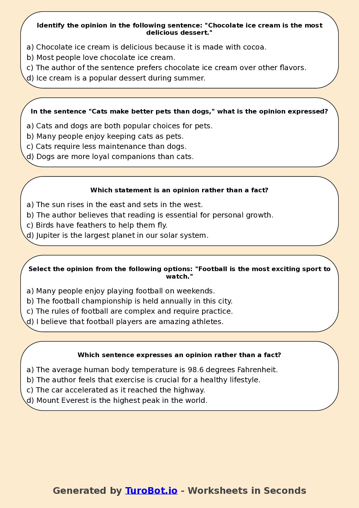 Year 5 English Multiple Choice Worksheet – Fact and Opinion in Texts