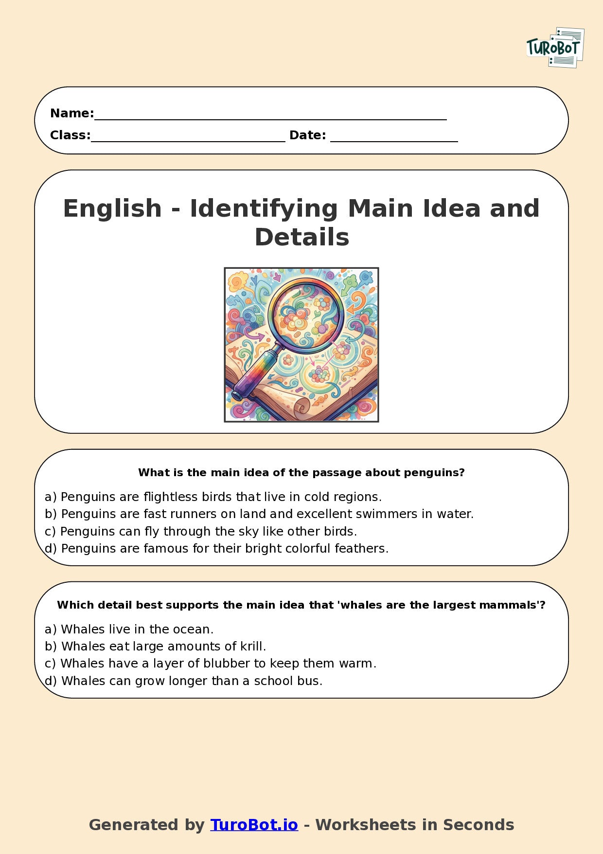 Year 5 English Multiple Choice Worksheet – Identifying Main Idea and Details
